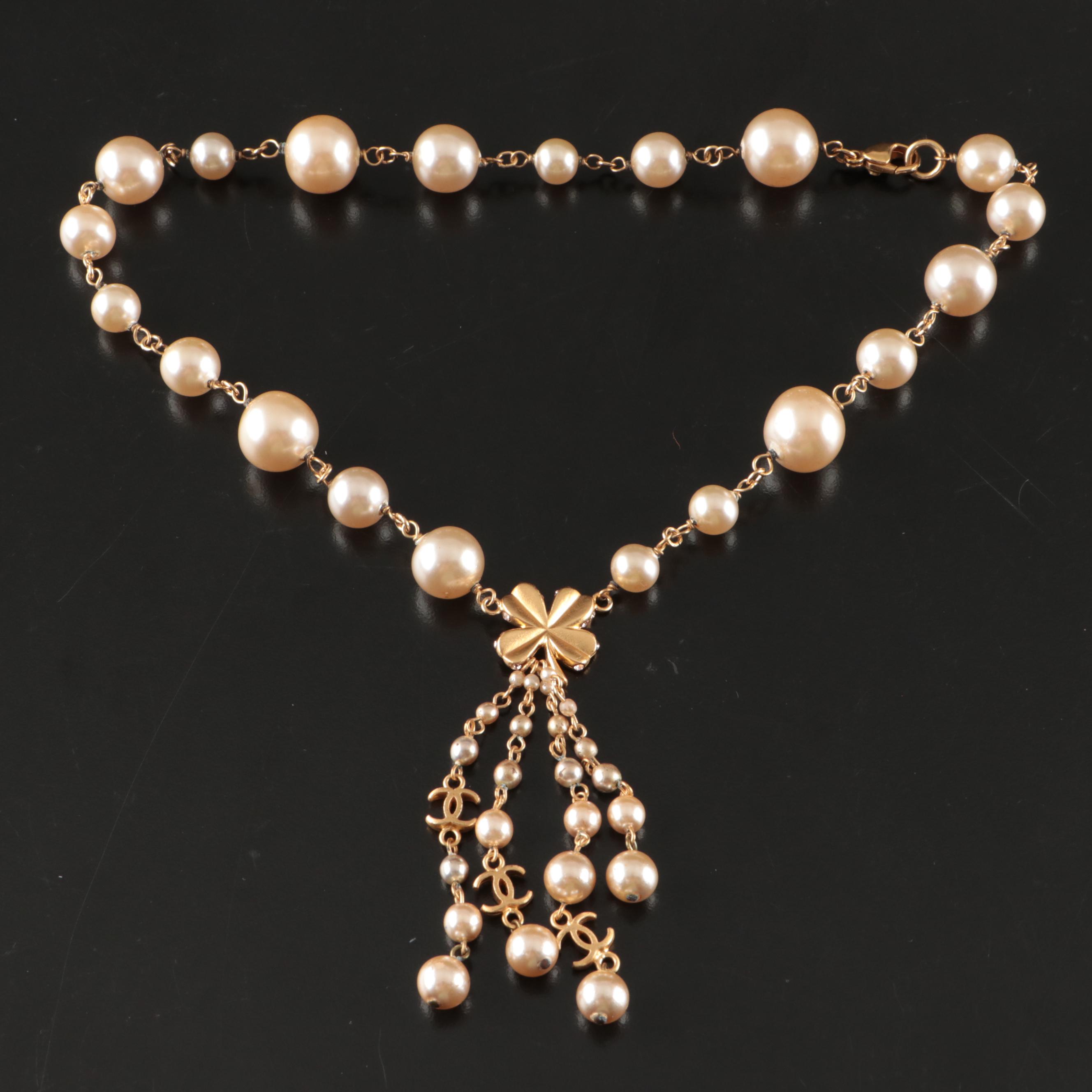 Chanel Imitation Pearl Clover Dangle Pendant Necklace