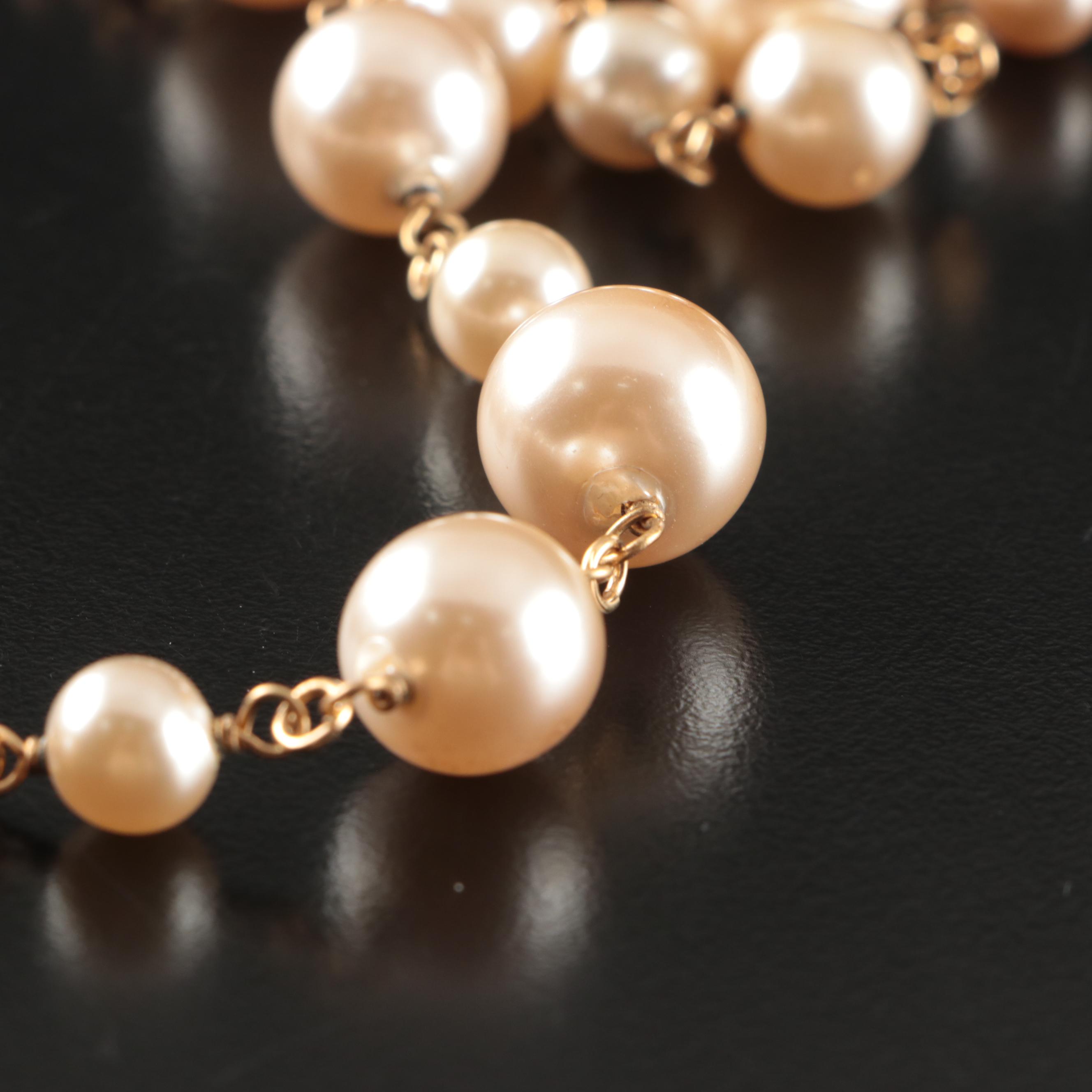 Chanel Imitation Pearl Clover Dangle Pendant Necklace