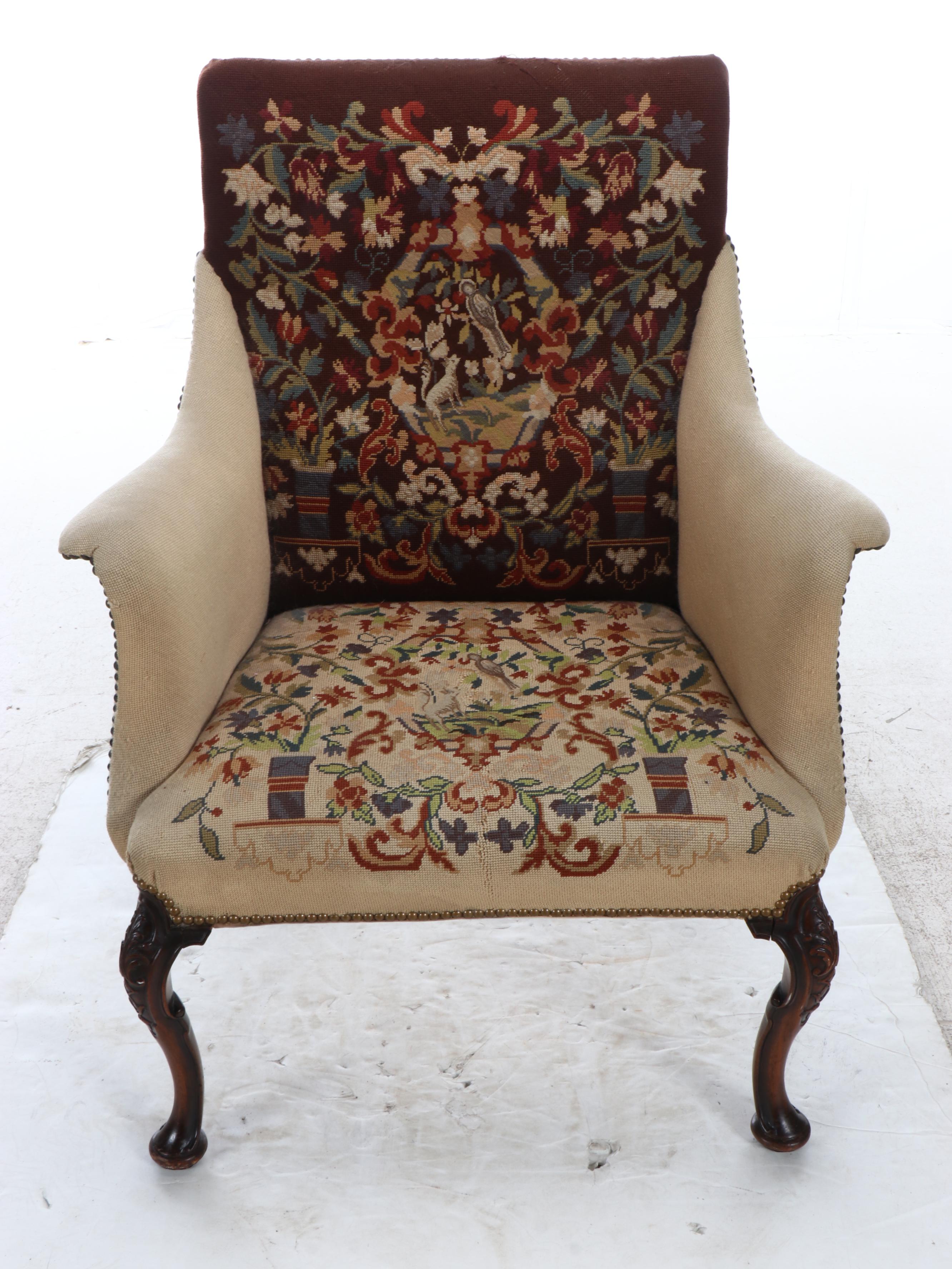 Carved Mahogany Armchair with Needlepoint Upholstery, Early to Mid-20th Century