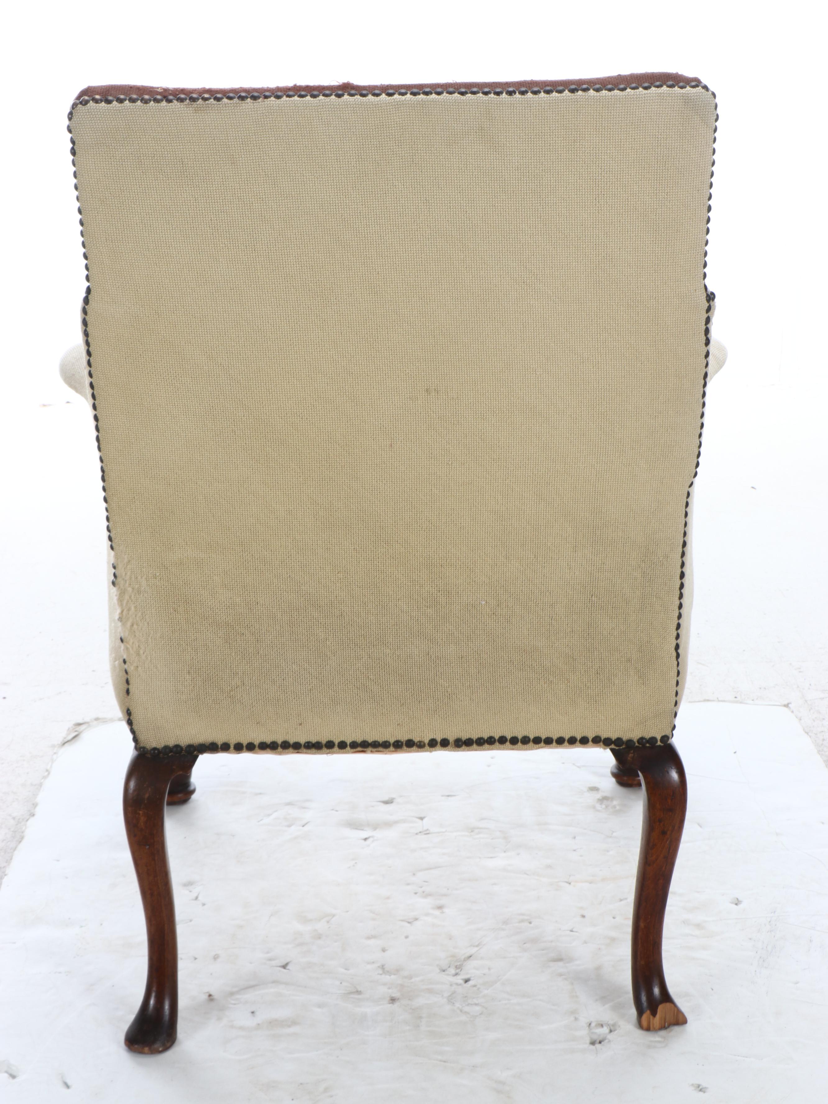 Carved Mahogany Armchair with Needlepoint Upholstery, Early to Mid-20th Century