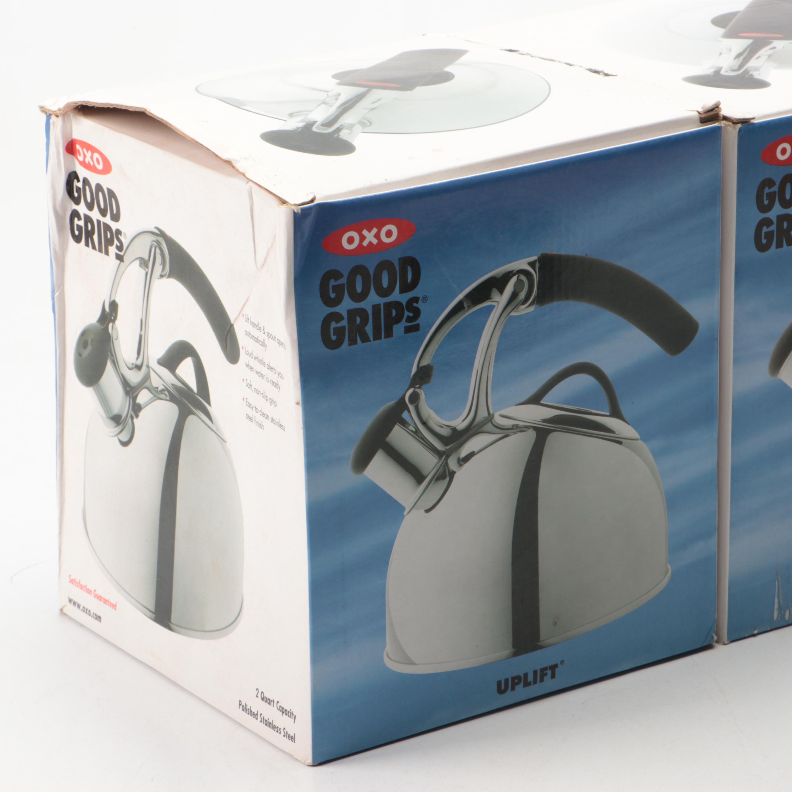 Le Creuset Cast Iron Fry Pan with OXO Stainless Steel and Enamel Tea Kettles