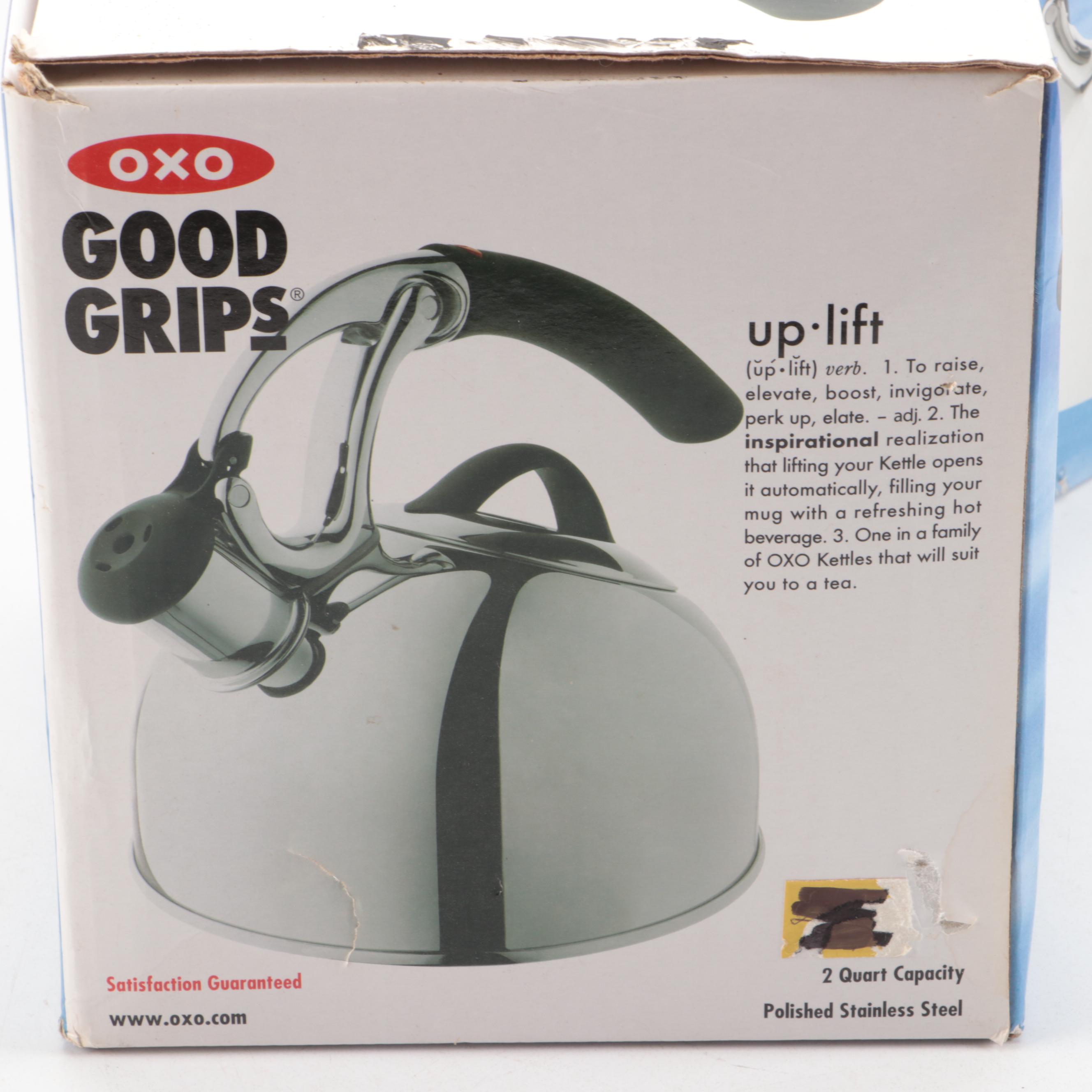 Le Creuset Cast Iron Fry Pan with OXO Stainless Steel and Enamel Tea Kettles