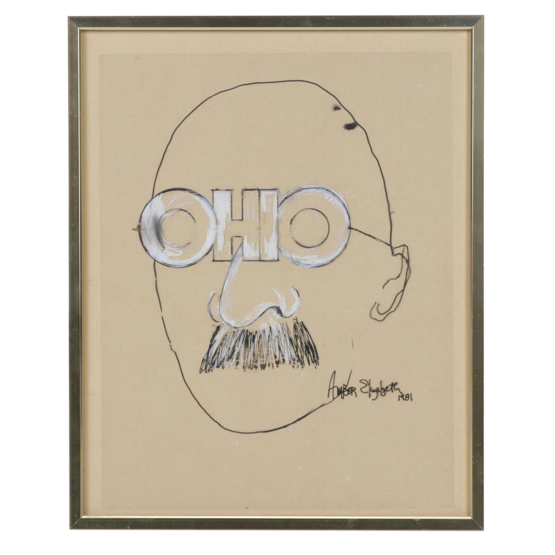 Amber Elizabeth Drawing on Vellum Paper of Man with "Ohio" Glasses, 1981