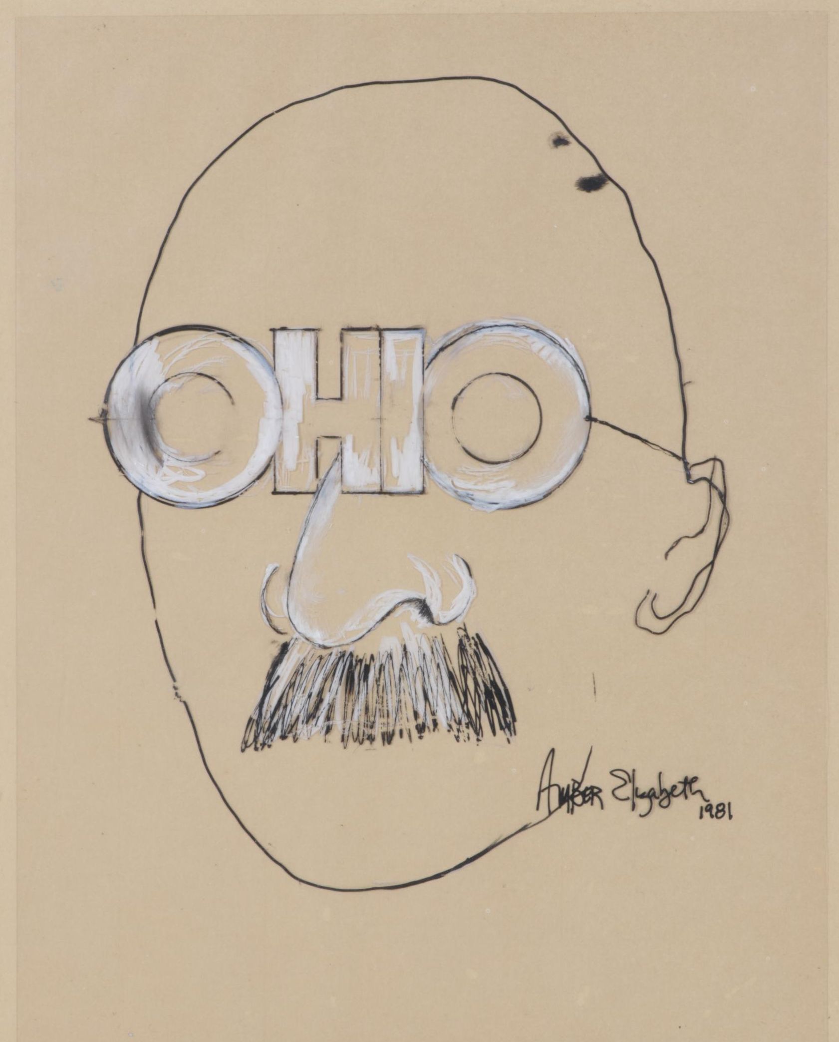 Amber Elizabeth Drawing on Vellum Paper of Man with "Ohio" Glasses, 1981