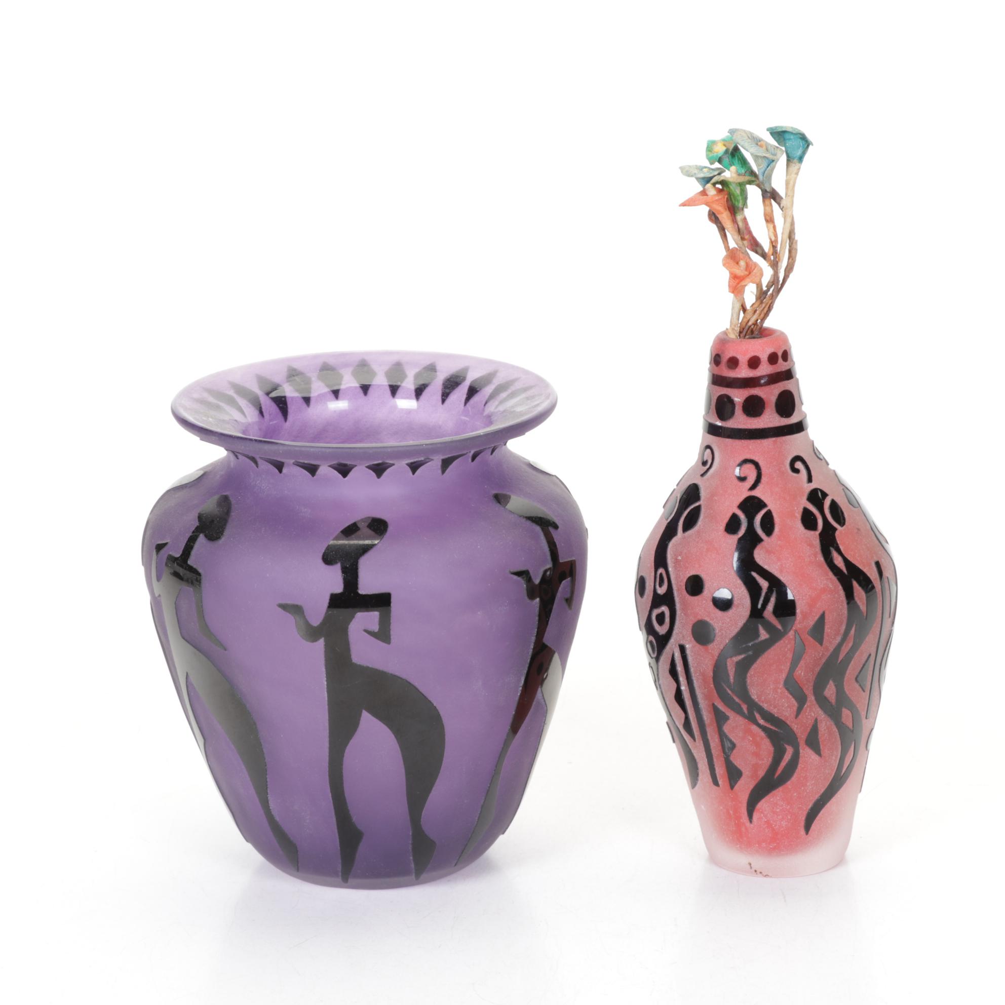 Stephen Fellerman and Clair Raabe Sandcarved and Frosted Art Glass Vases