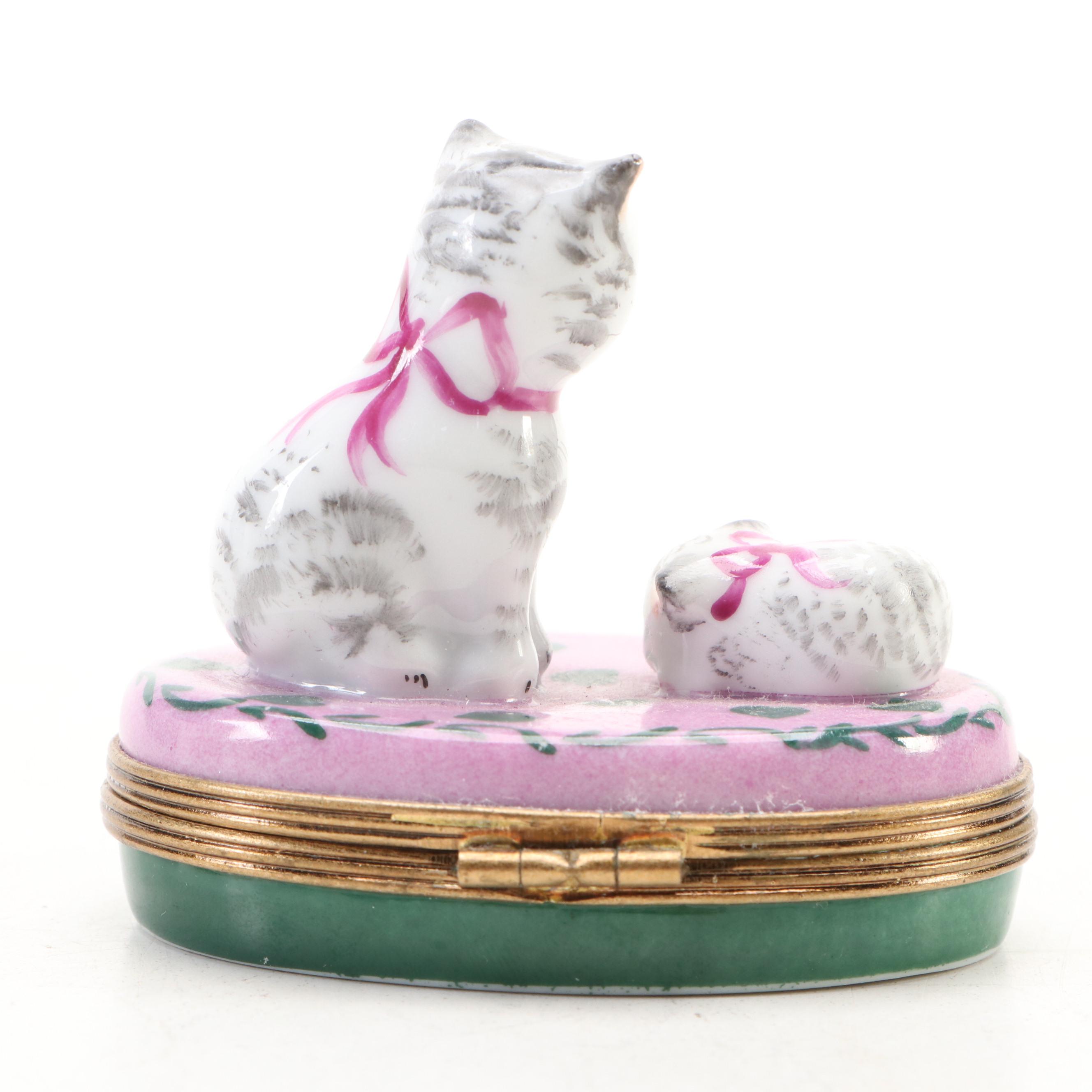 Limited Edition Cat and Kitten Hand-Painted Porcelain Limoges Box