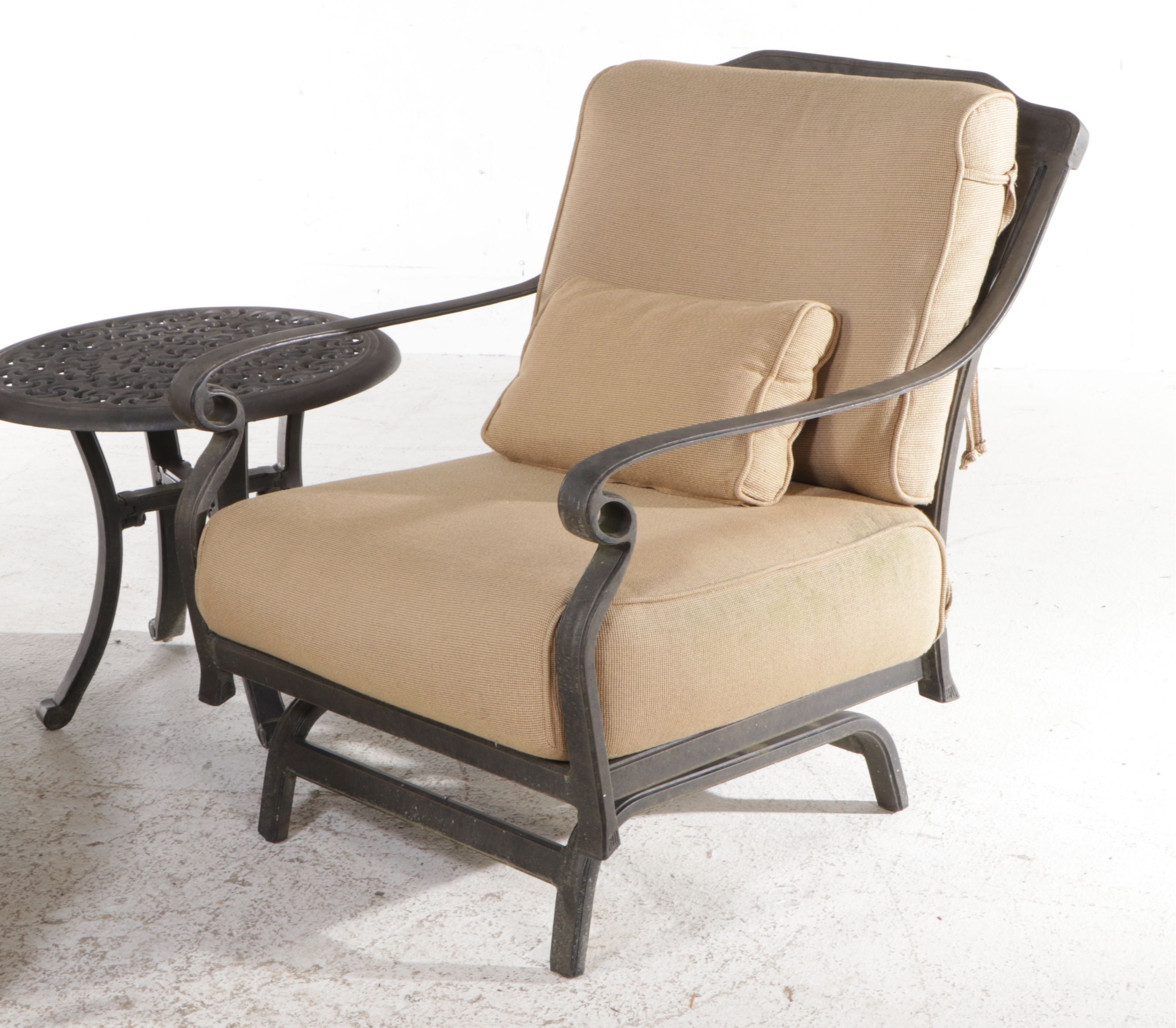 Pair of Cast Metal Patio Lounge Chairs with Ottoman and Accent Table