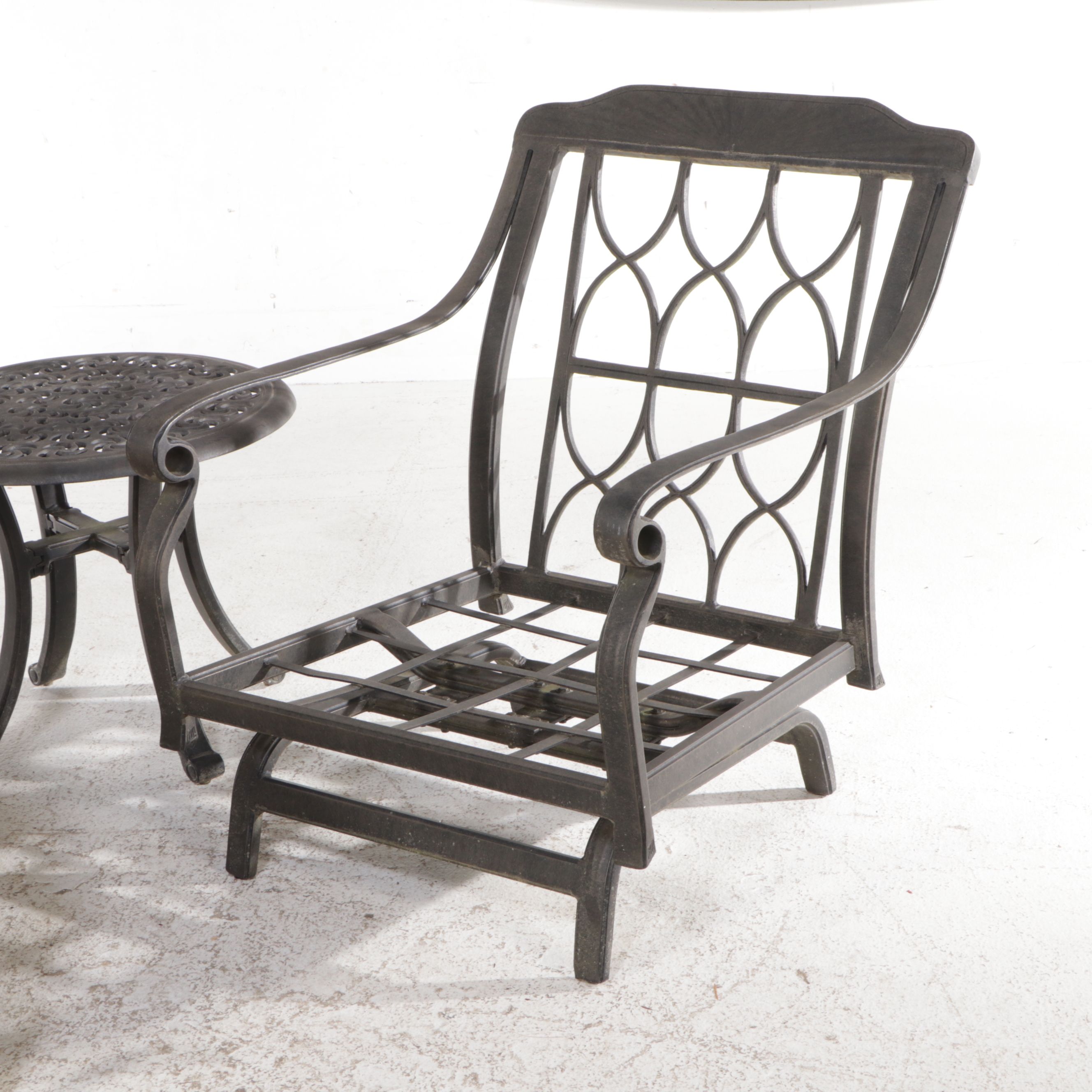 Pair of Cast Metal Patio Lounge Chairs with Ottoman and Accent Table
