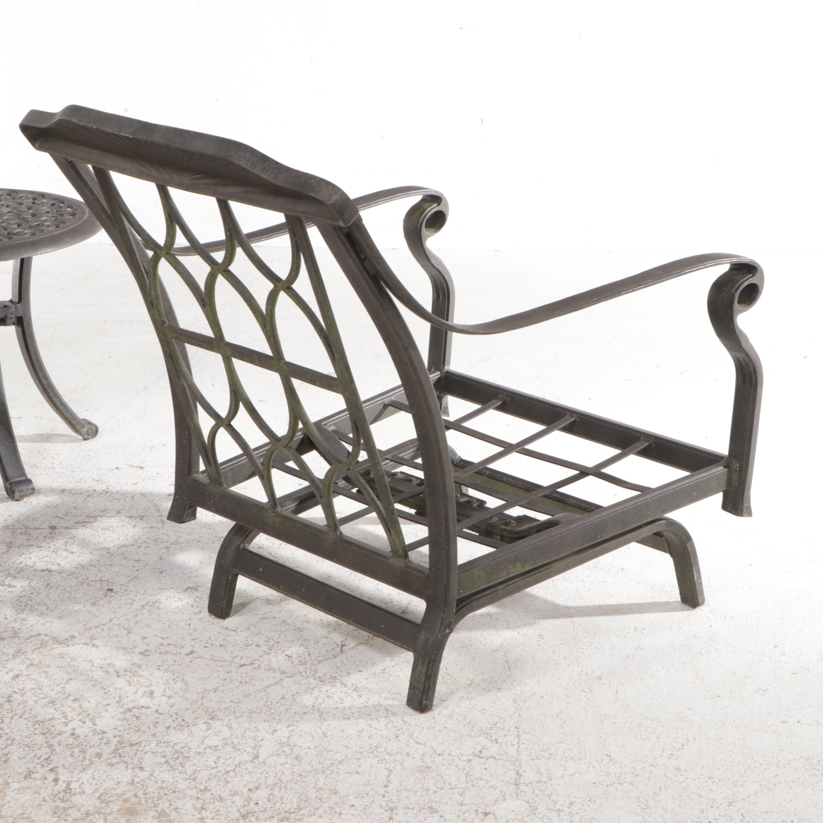 Pair of Cast Metal Patio Lounge Chairs with Ottoman and Accent Table