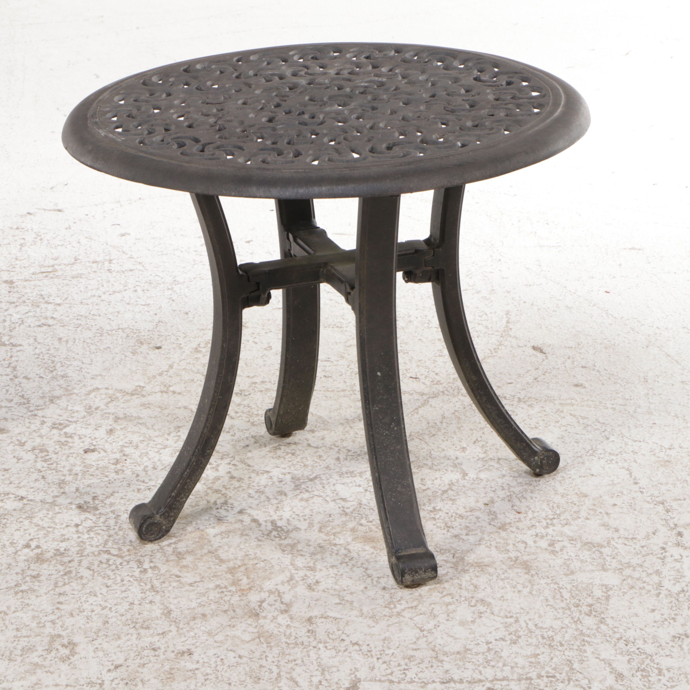 Pair of Cast Metal Patio Lounge Chairs with Ottoman and Accent Table