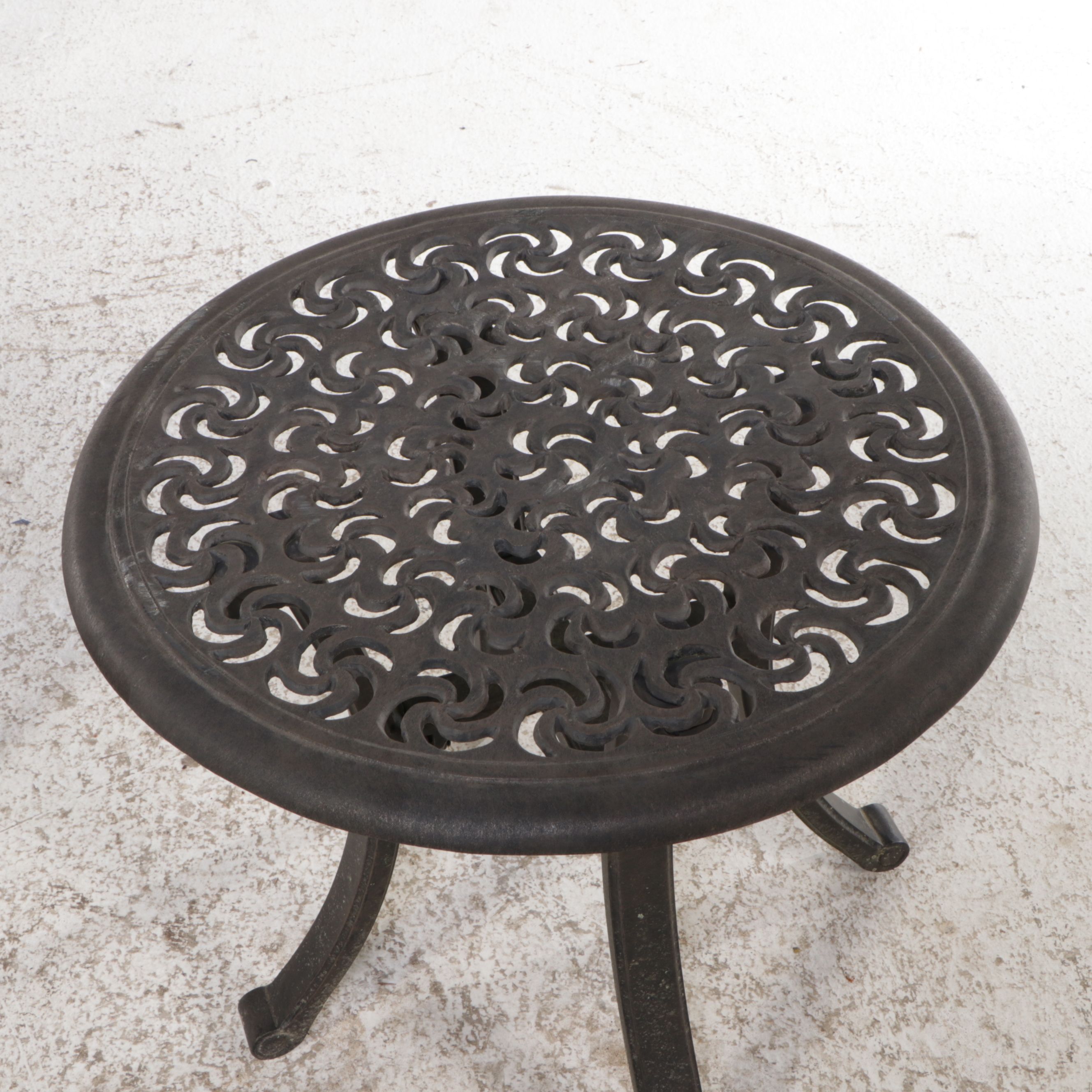 Pair of Cast Metal Patio Lounge Chairs with Ottoman and Accent Table