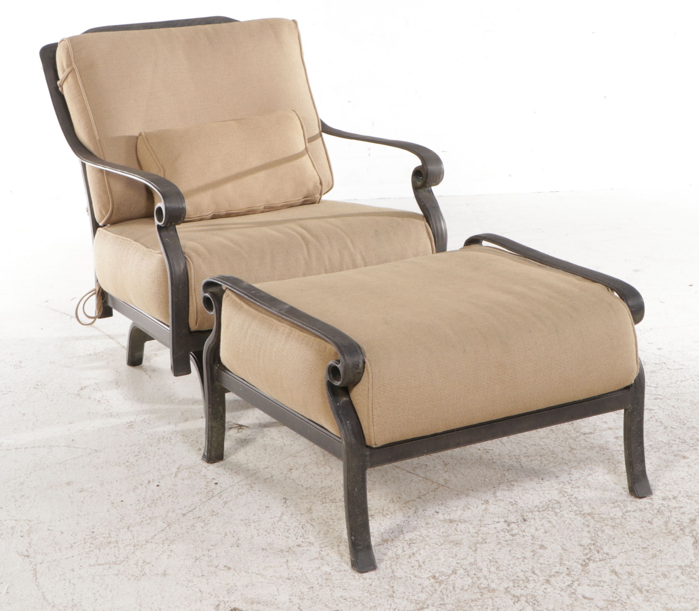 Pair of Cast Metal Patio Lounge Chairs with Ottoman and Accent Table