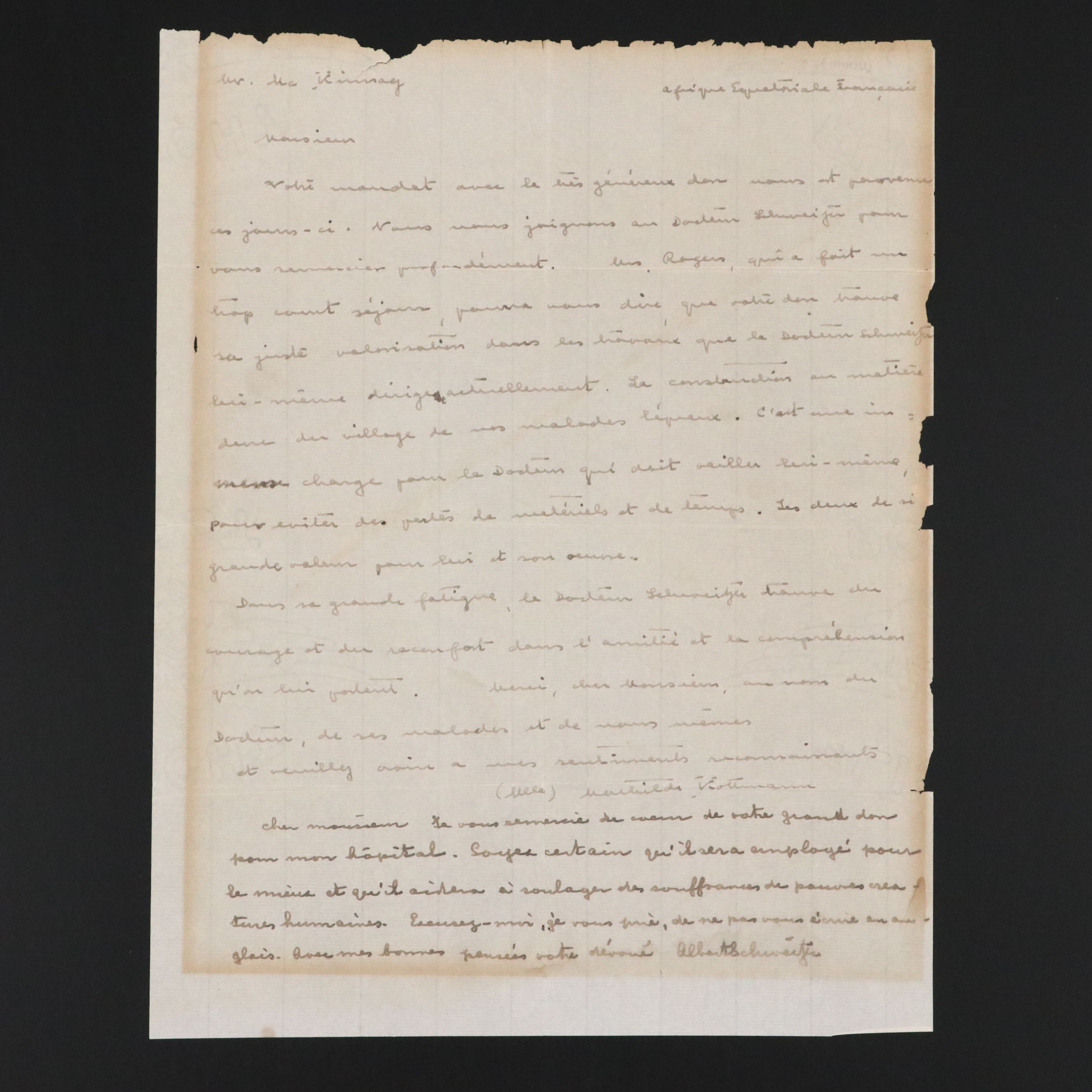 Albert Schweitzer Letter of Gratitude