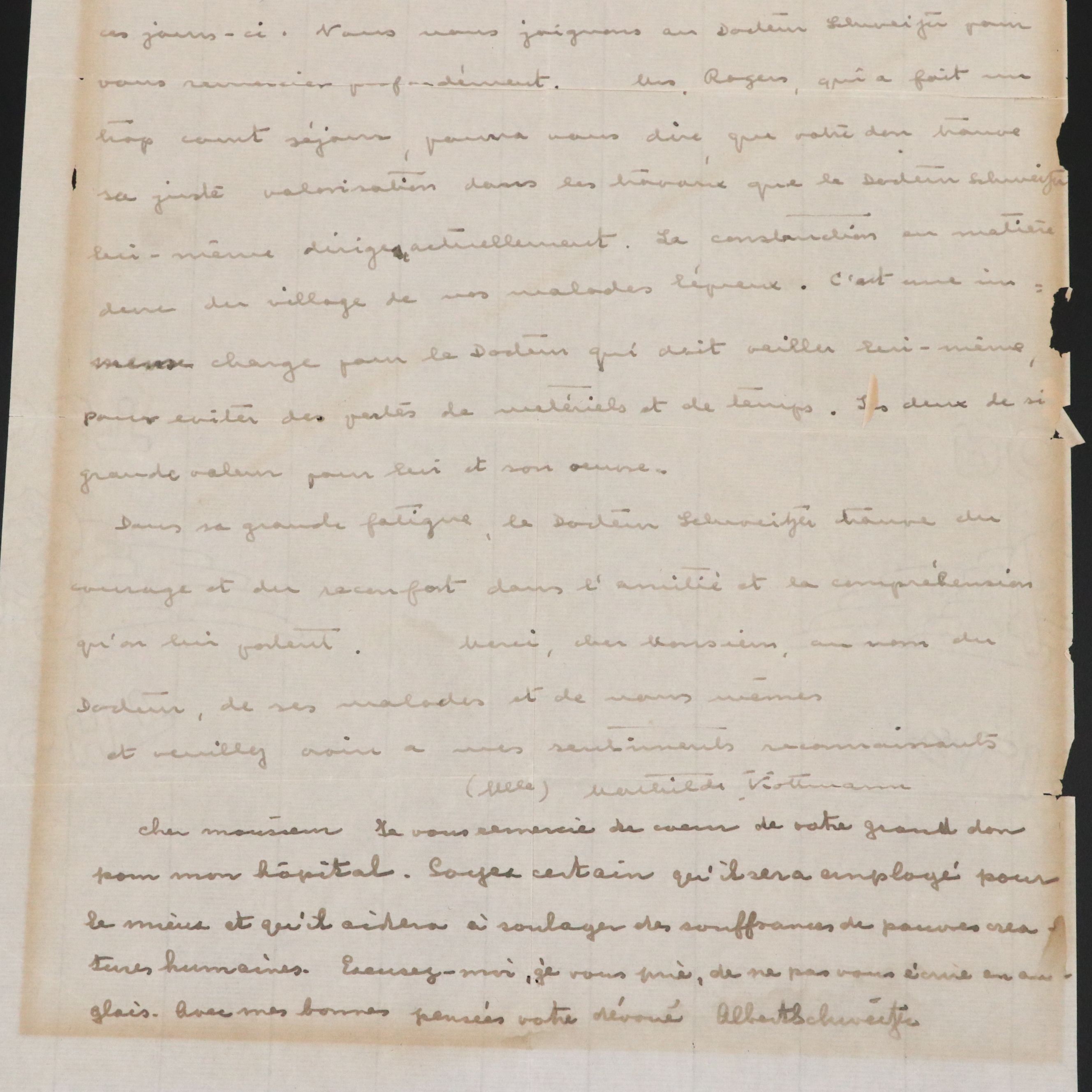 Albert Schweitzer Letter of Gratitude