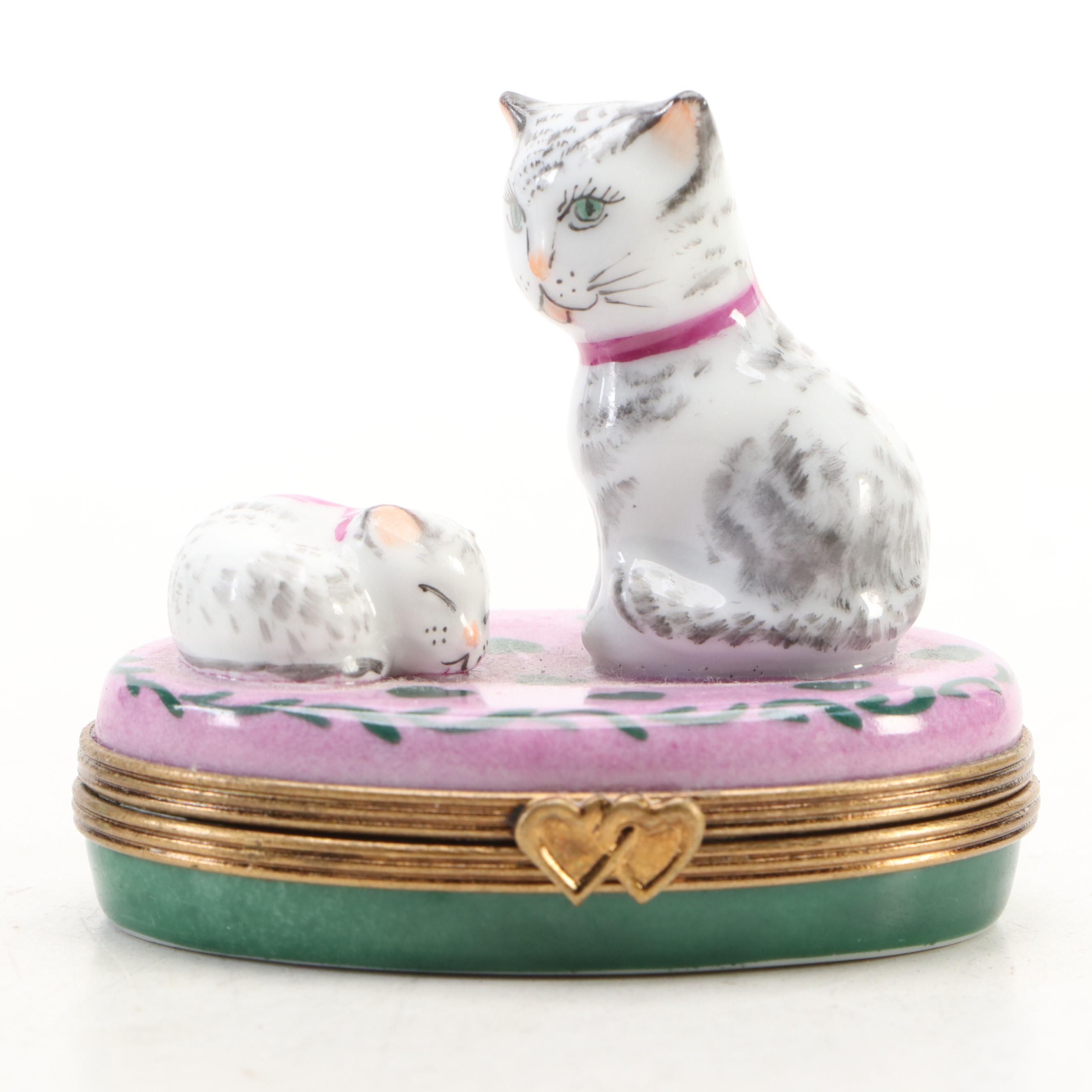 Limited Edition Cat and Kitten Hand-Painted Porcelain Limoges Box