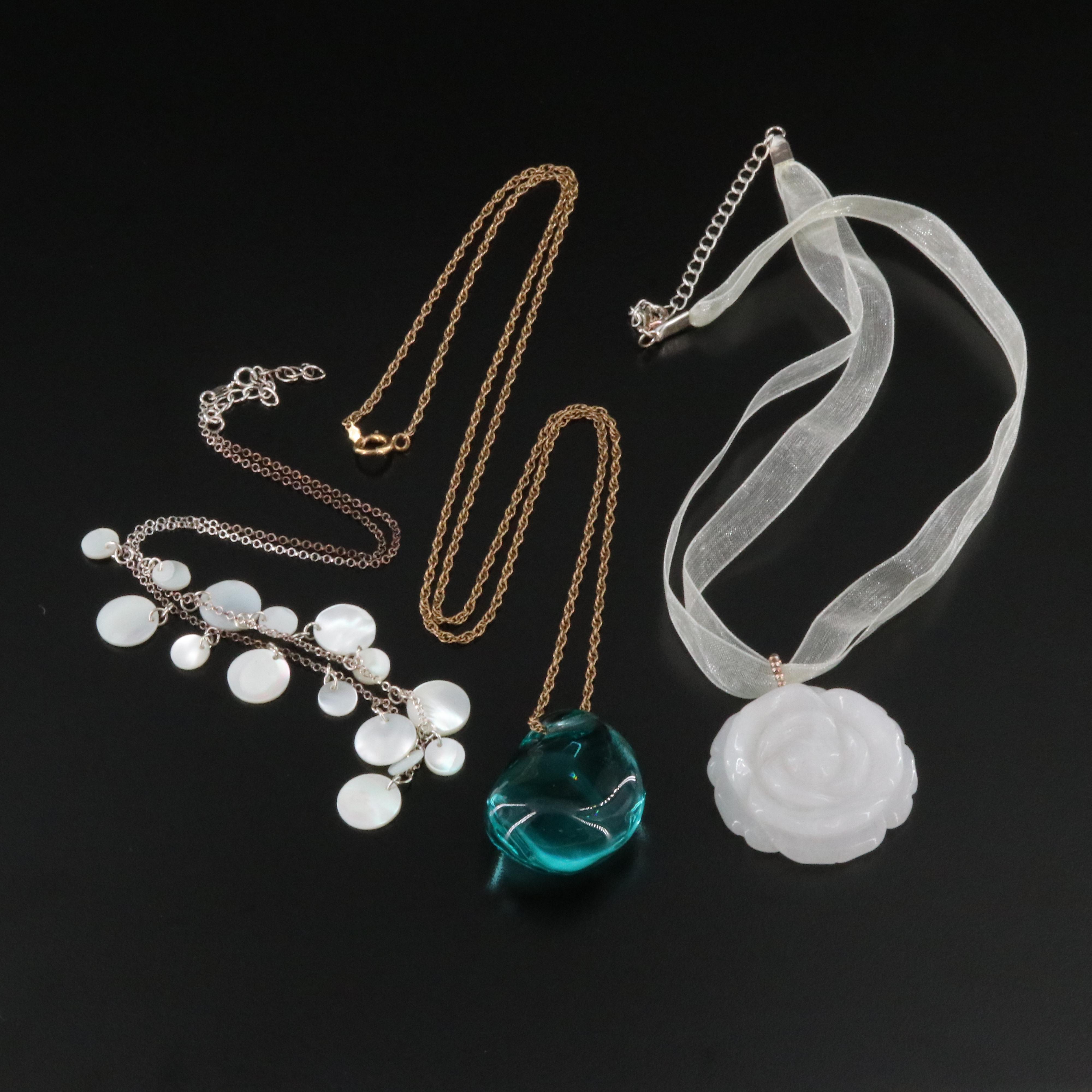 Sterling and Gold-Filled Mother of Pearl, Quartz and Glass Crystal Necklaces
