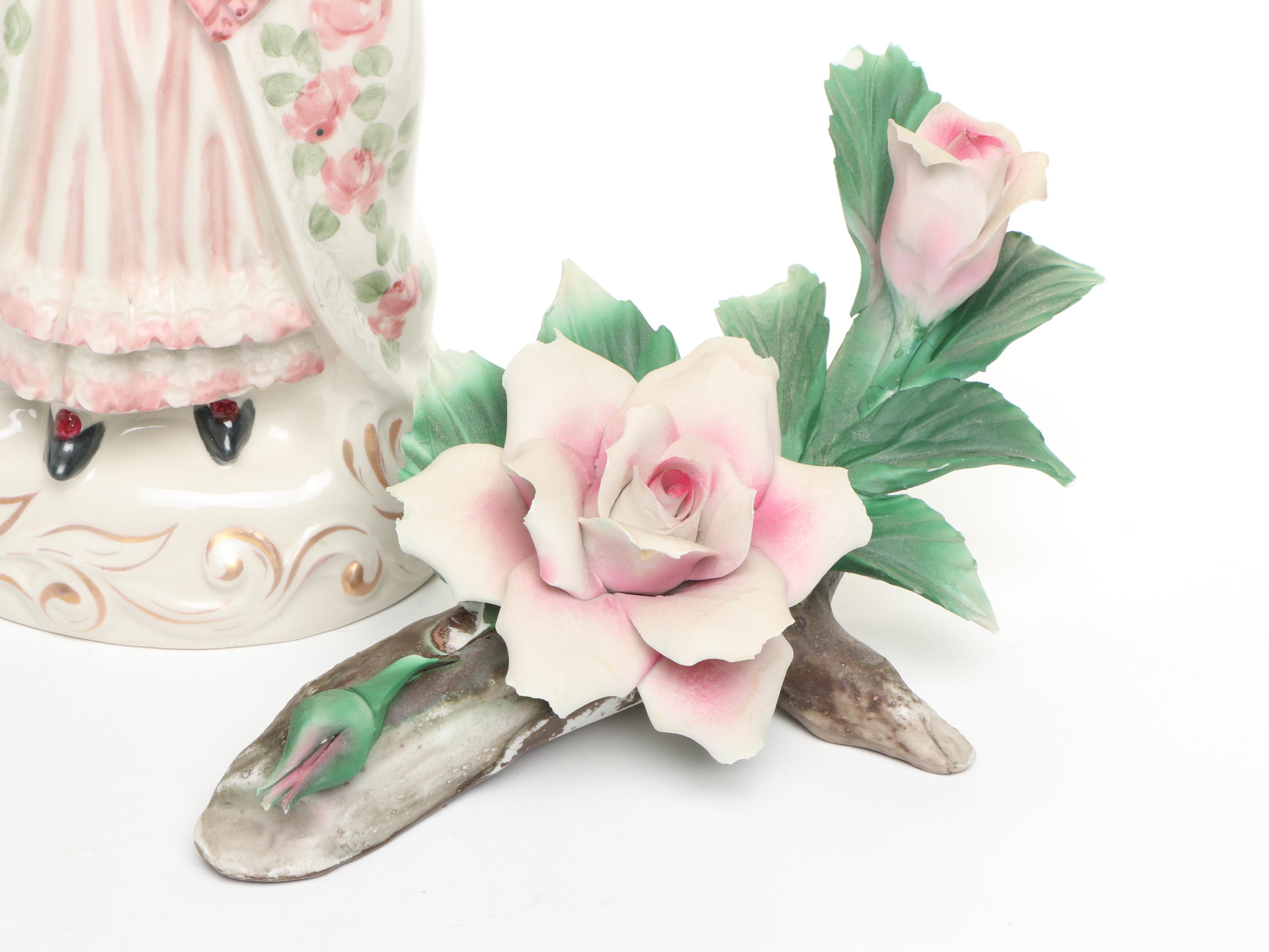 Capo di Monte Porcelain Rose Branch with Other Victorian Lady Figure