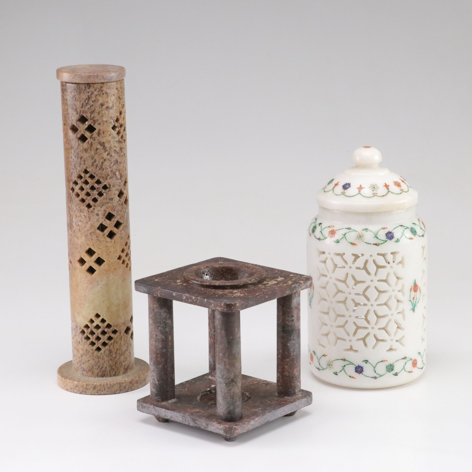 Soapstone Oil Warmer, Carved Incense Tower and Lattice Marble Tealight Holder