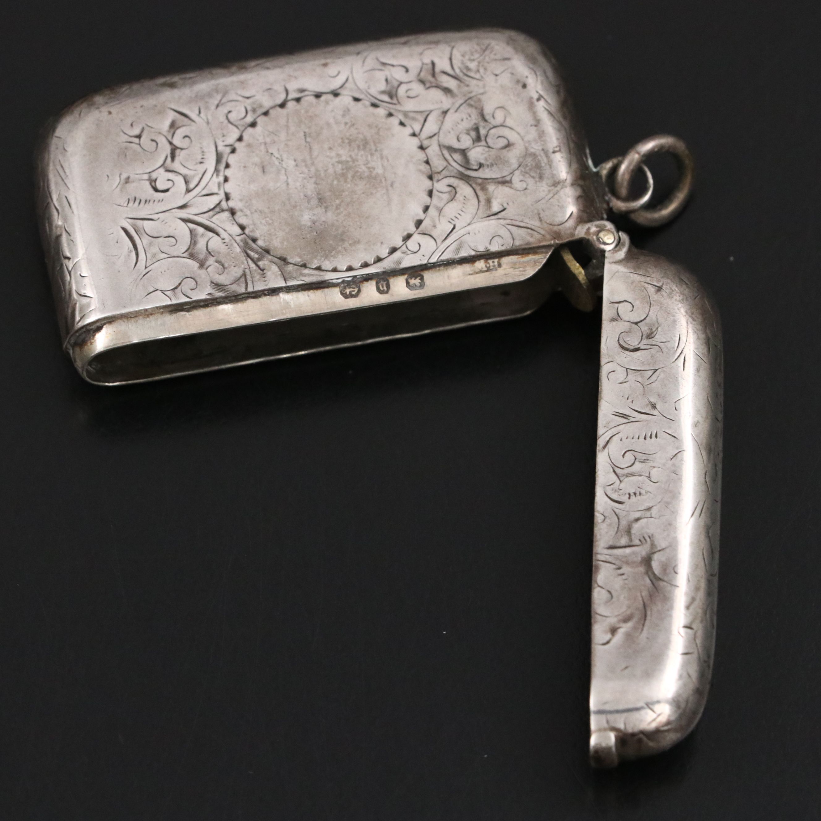 Antique English Sterling Silver Reticulated Basket and Engraved Vesta Case