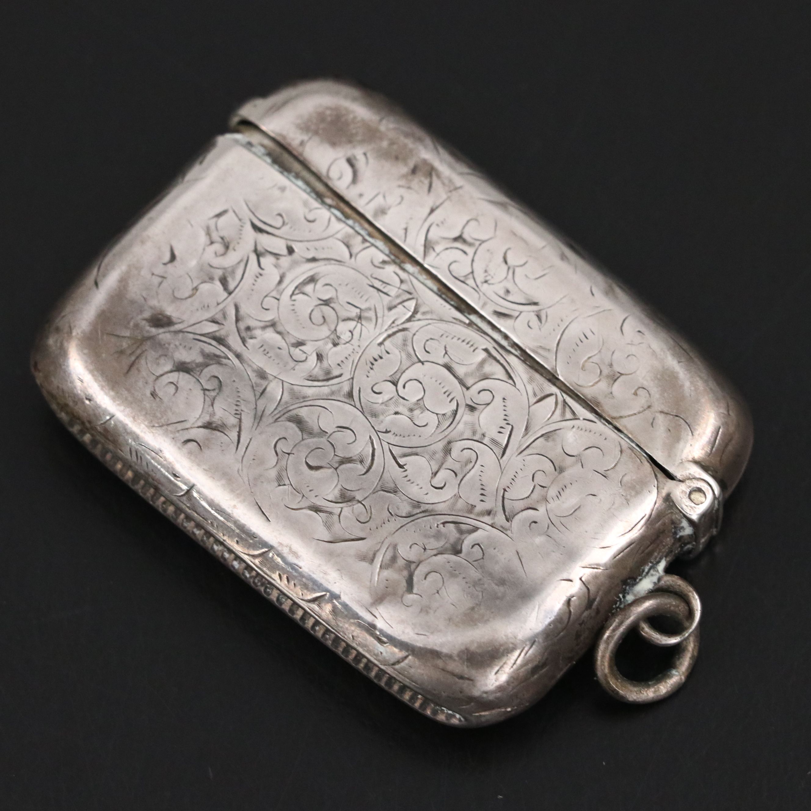 Antique English Sterling Silver Reticulated Basket and Engraved Vesta Case
