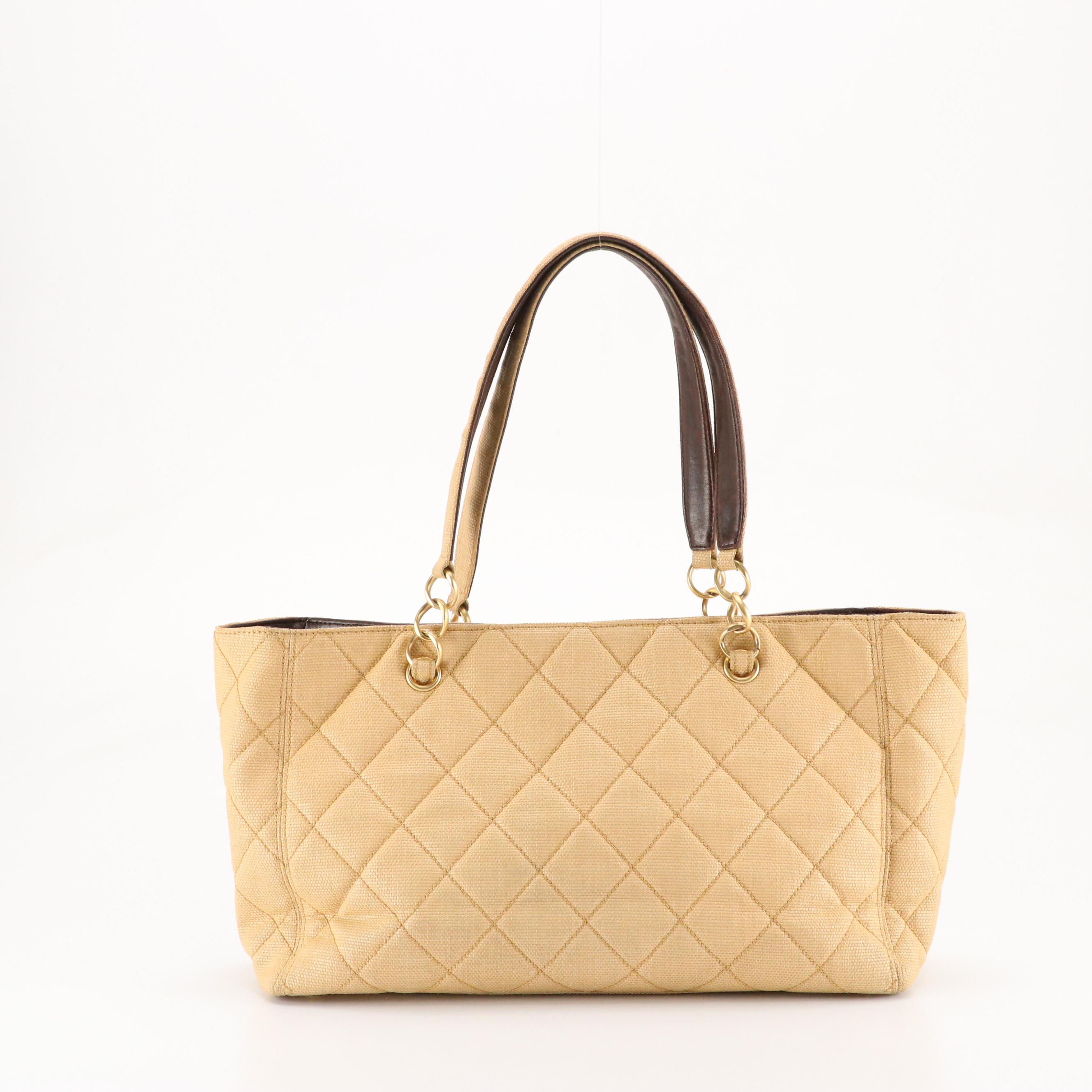 Chanel CC Tote Bag in Quilted Woven Textile & Brown Leather Trim with Zip Pouch