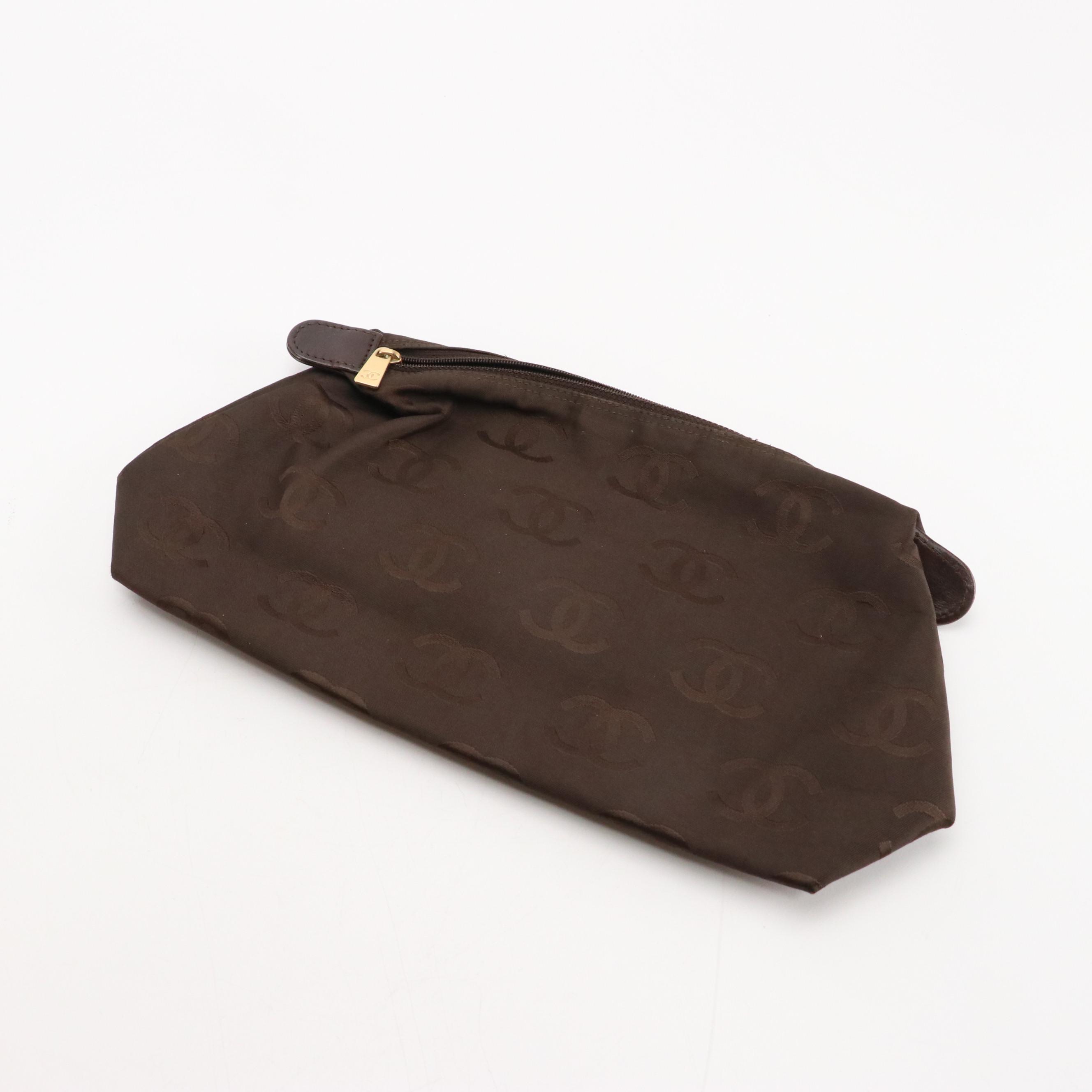 Chanel CC Tote Bag in Quilted Woven Textile & Brown Leather Trim with Zip Pouch