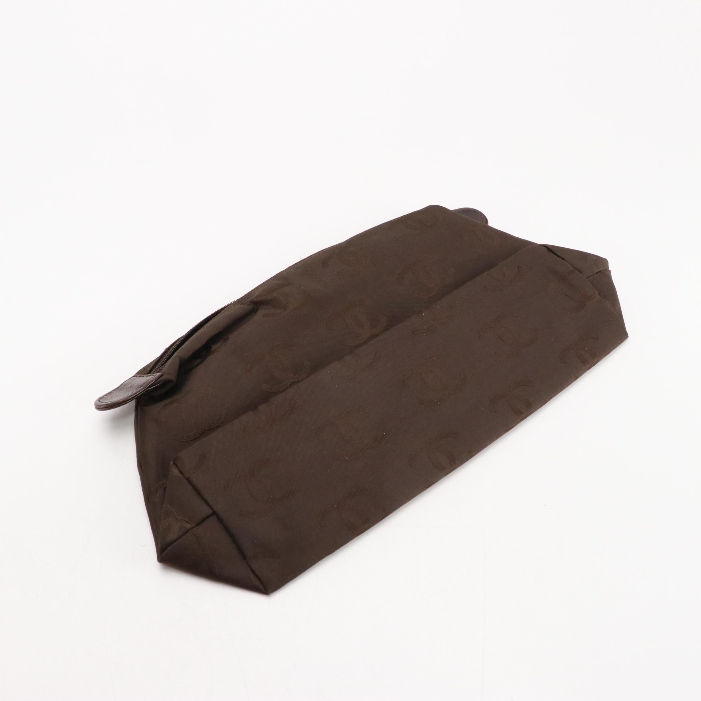 Chanel CC Tote Bag in Quilted Woven Textile & Brown Leather Trim with Zip Pouch