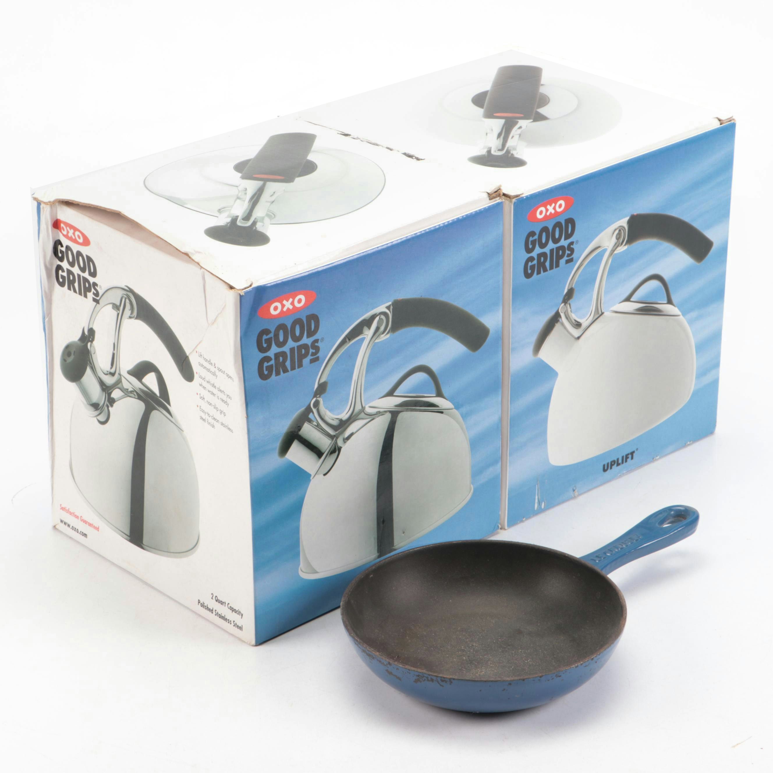 Le Creuset Cast Iron Fry Pan with OXO Stainless Steel and Enamel Tea Kettles