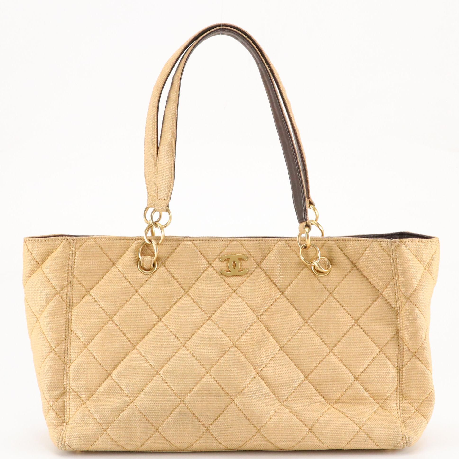 Chanel CC Tote Bag in Quilted Woven Textile & Brown Leather Trim with Zip Pouch