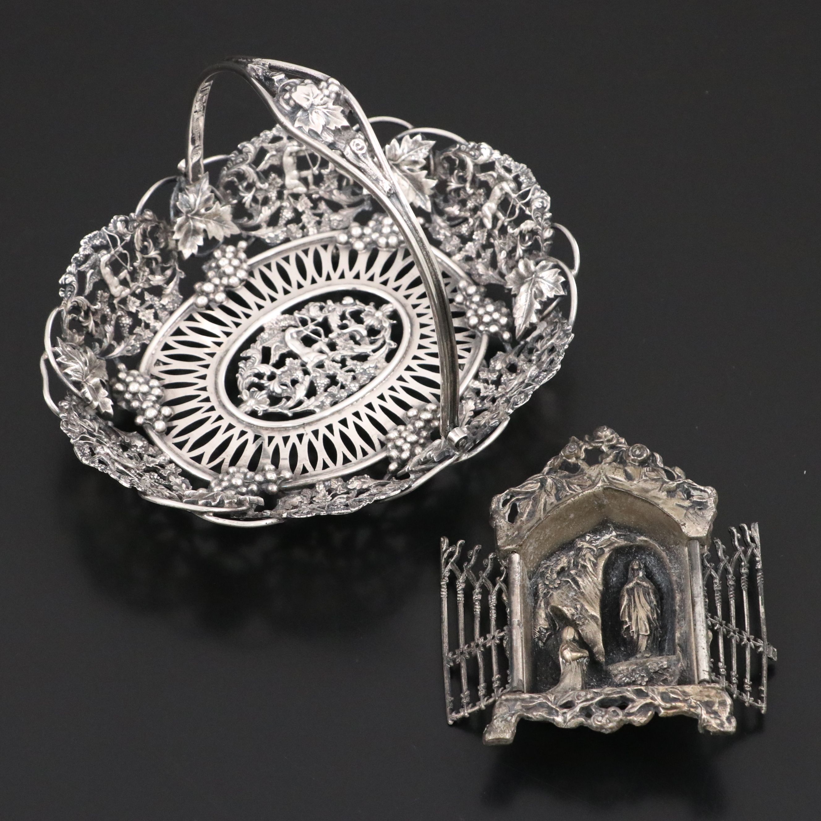 Sterling Silver Cupid and Grapes Pierced Basket with French Travel Shrine