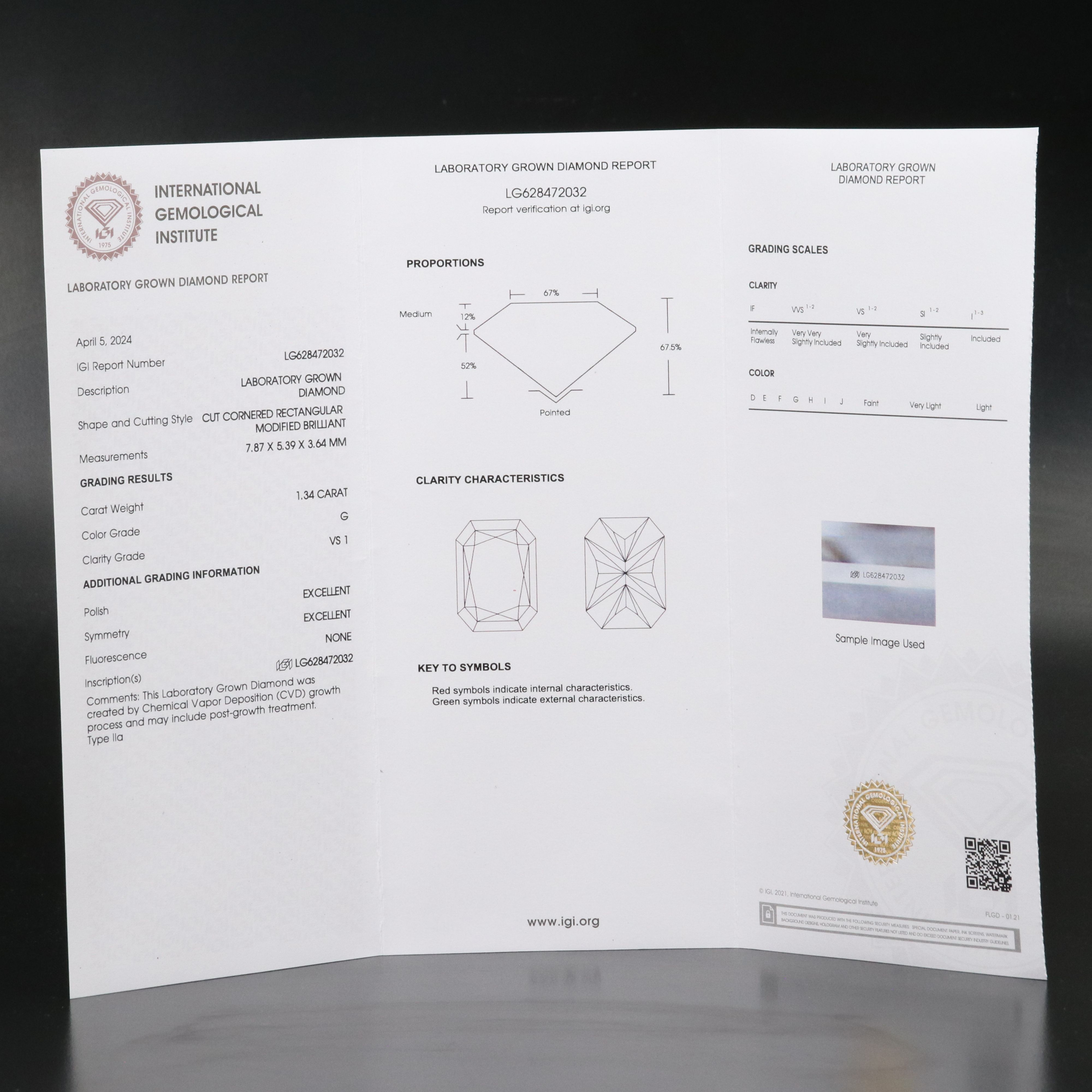 Loose 1.34 CT Lab Grown Diamond with IGI Report