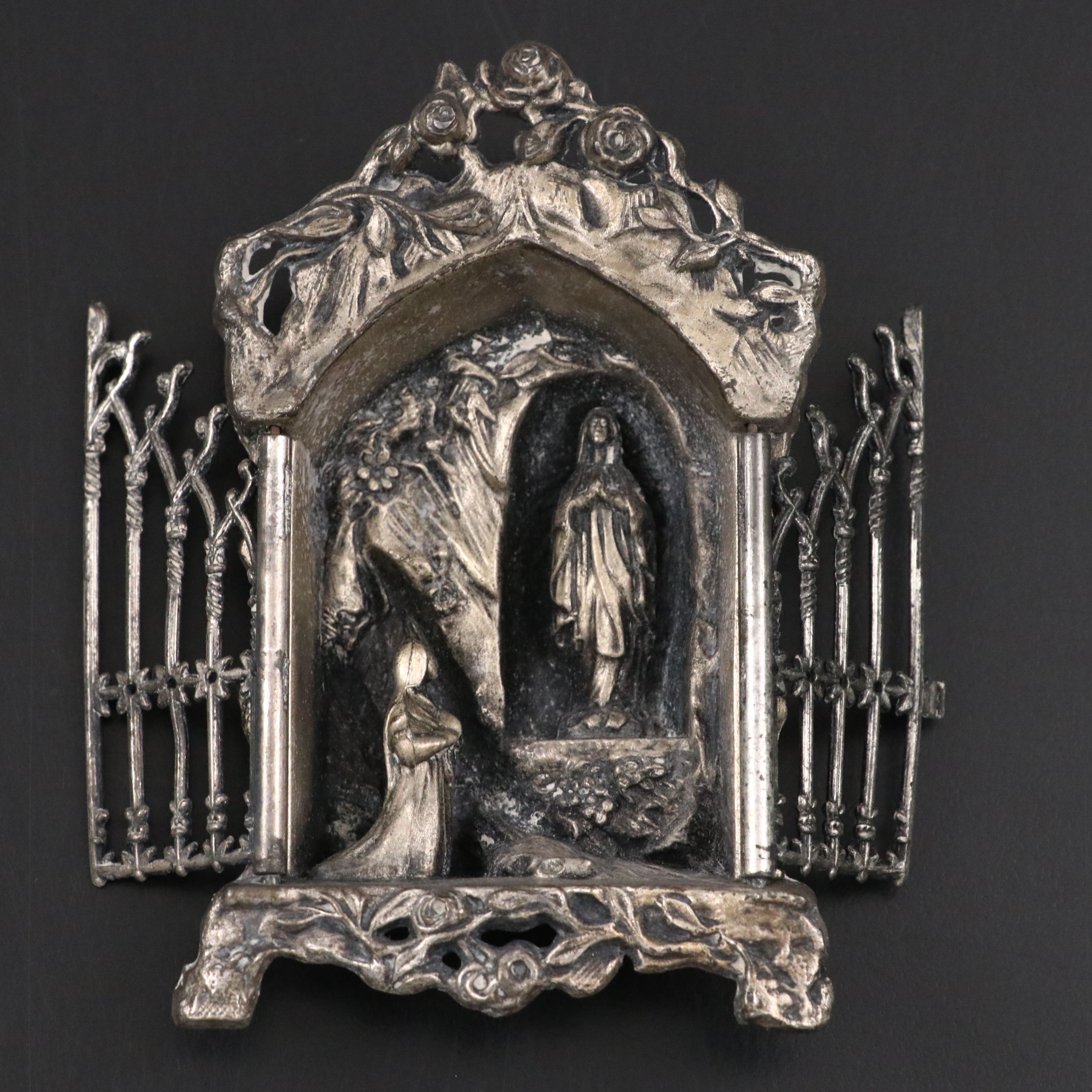 Sterling Silver Cupid and Grapes Pierced Basket with French Travel Shrine