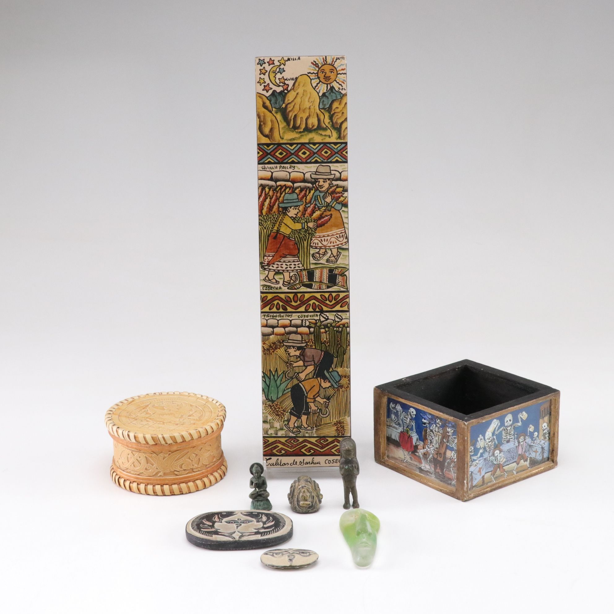 Peruvian "Tablas de Sarhua" with Carved Birch Box, Tibetan Mani Stones and More