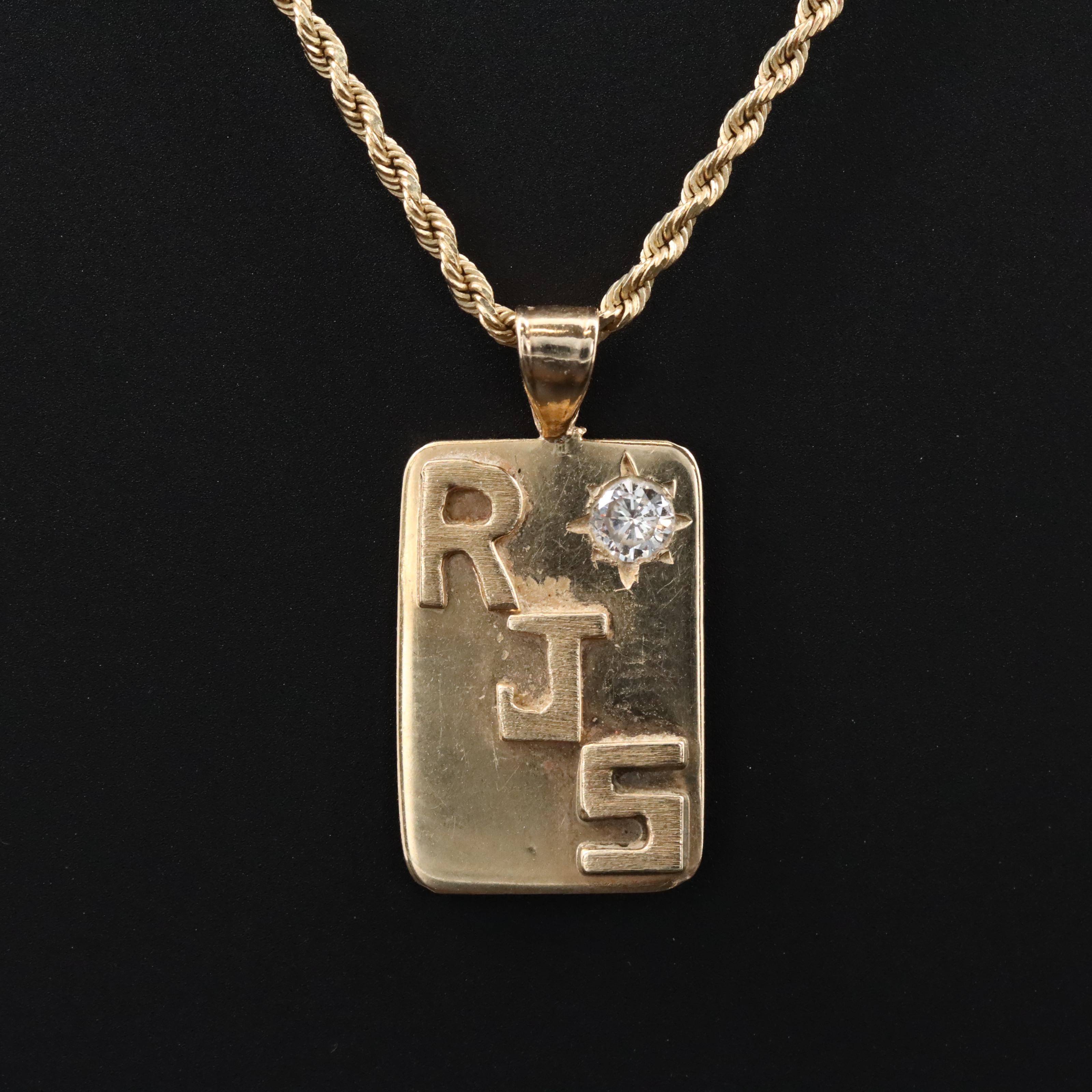 14K 0.12 CT Monogram Dog Tag on Rope Chain Necklace