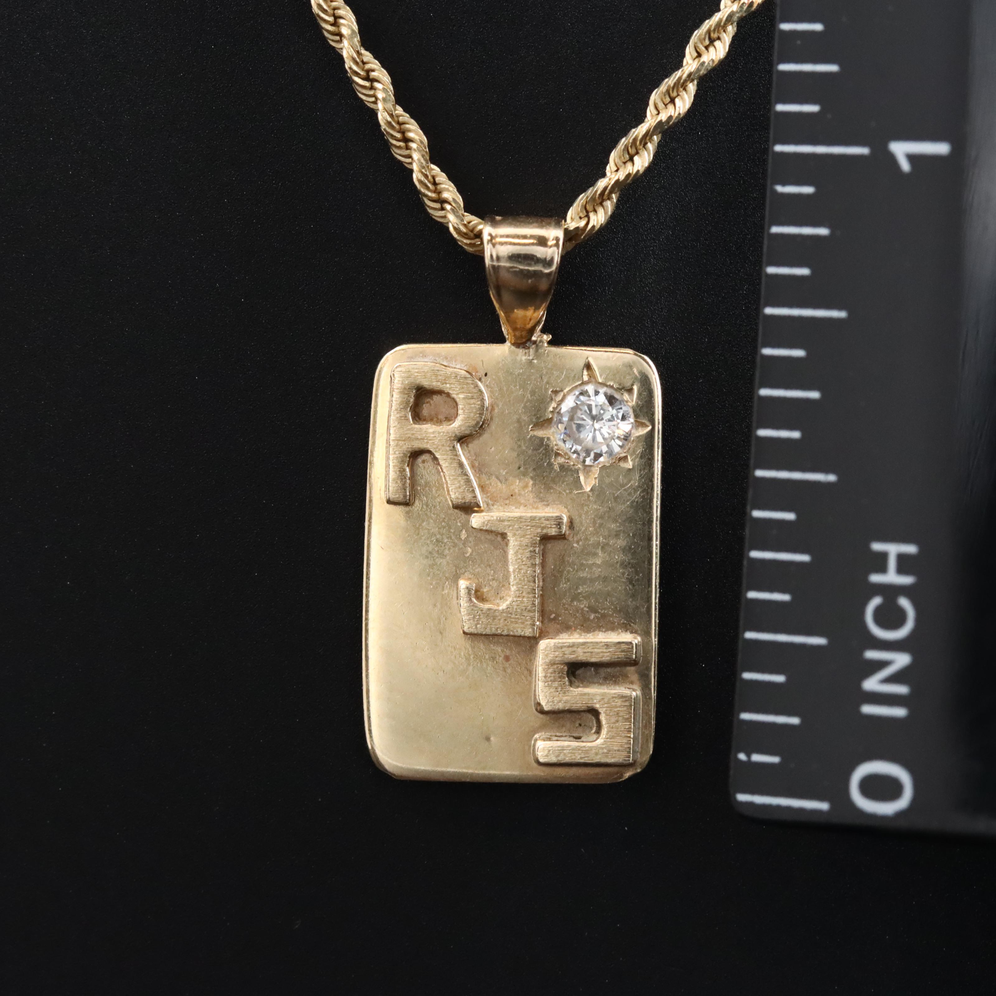14K 0.12 CT Monogram Dog Tag on Rope Chain Necklace
