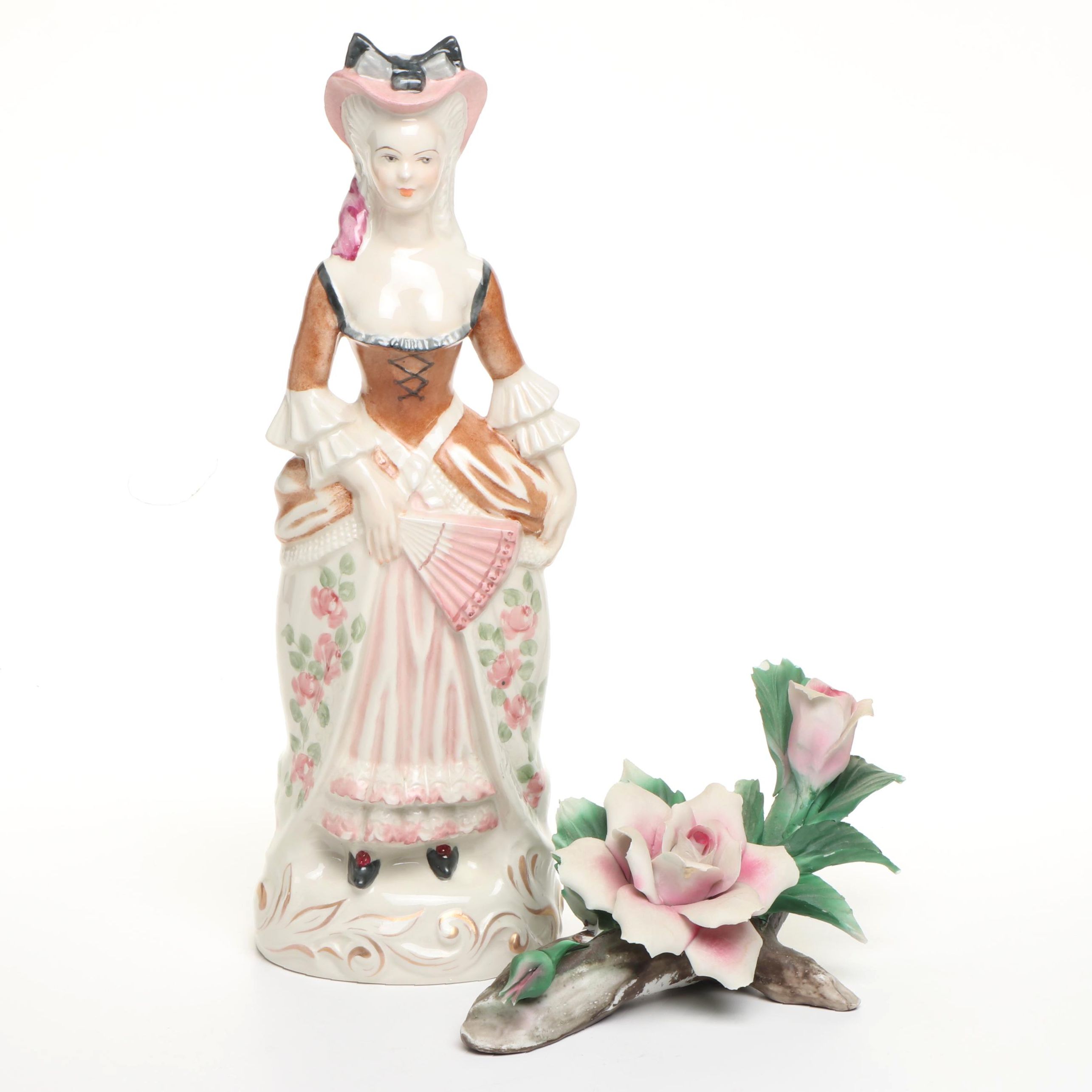 Capo di Monte Porcelain Rose Branch with Other Victorian Lady Figure