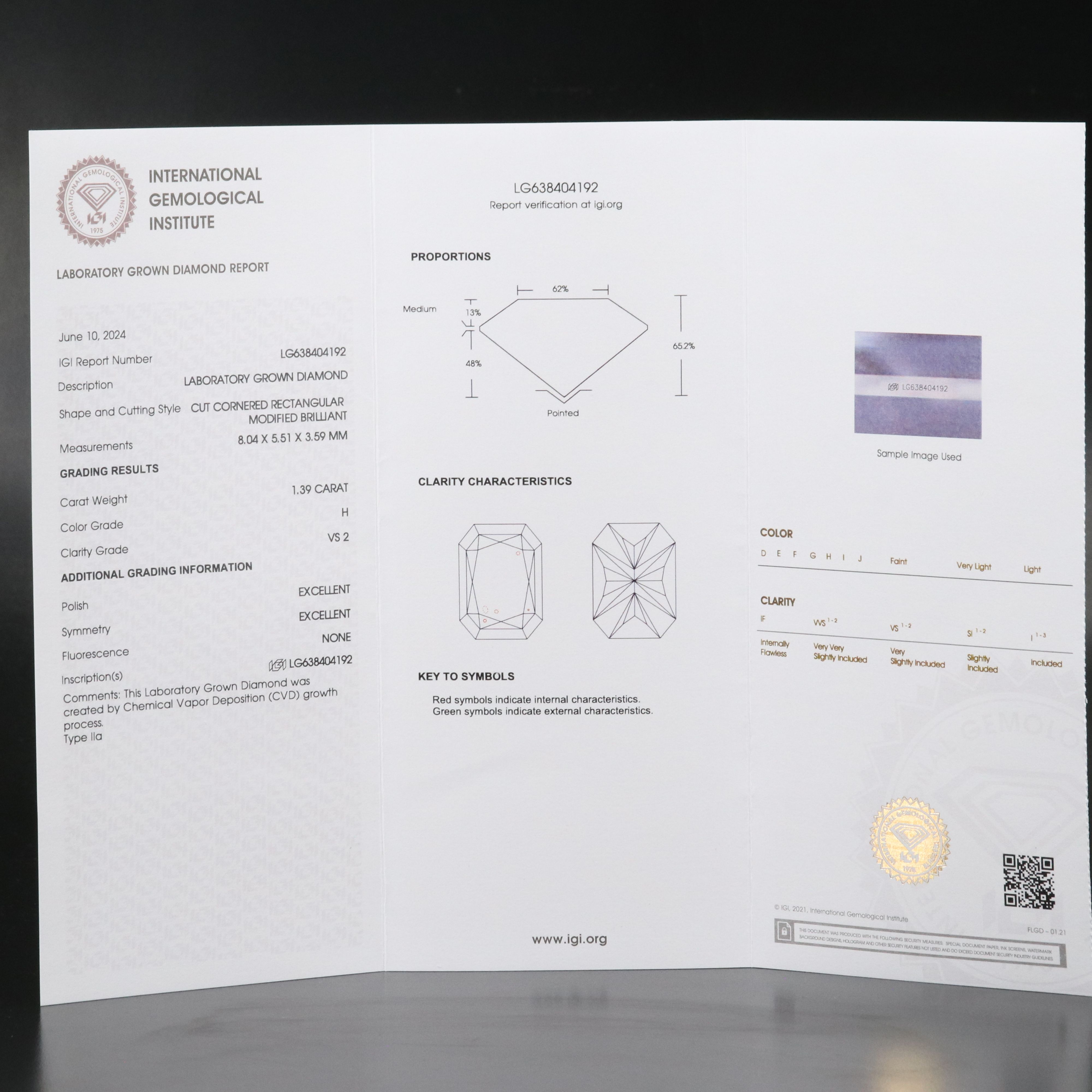 Loose 1.39 CT Lab Grown Diamond with IGI Report