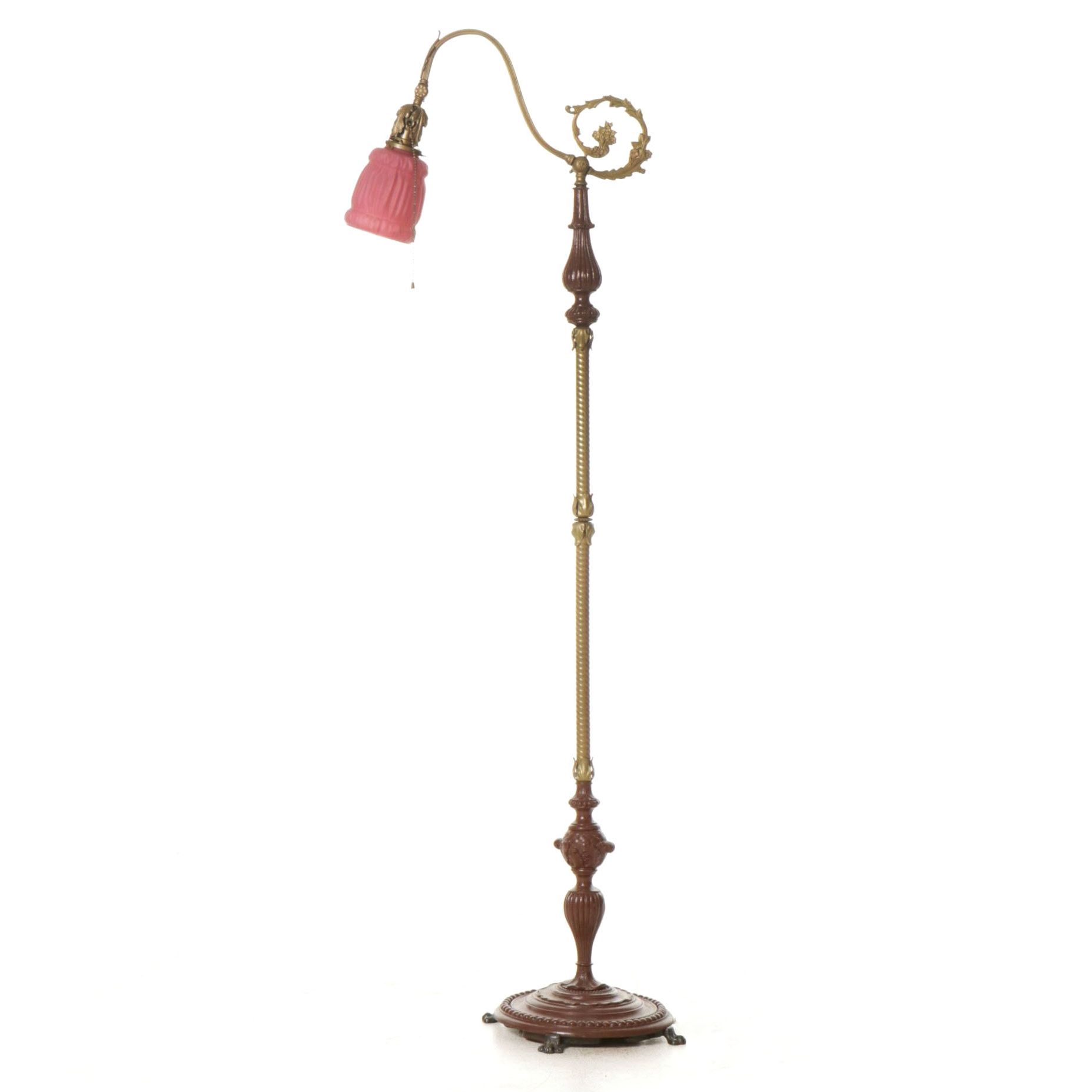 Victorian Bridge Arm Floor Lamp with Pink Ripple Satin Glass Shade
