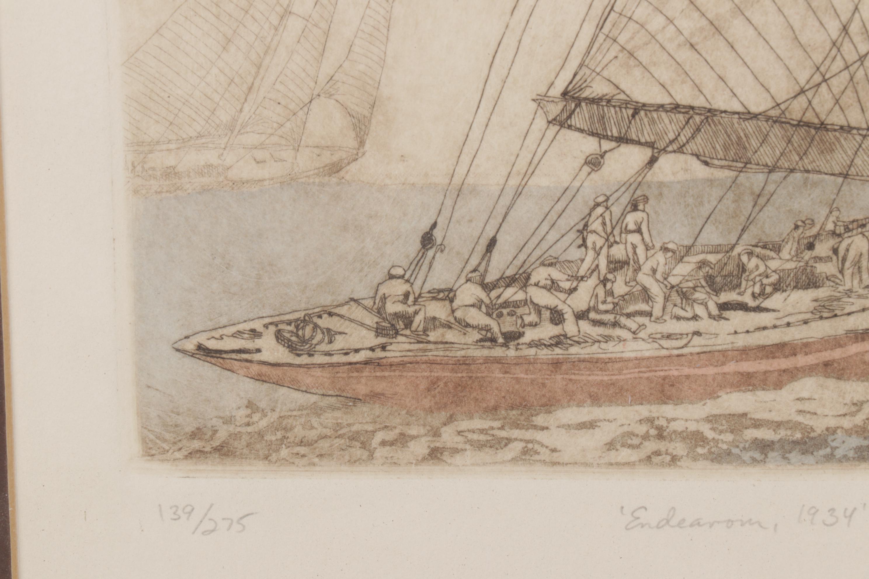 R.H. Badeau "Endeavour, 1934" Hand-Colored Etching, Mid to Late 20th Century