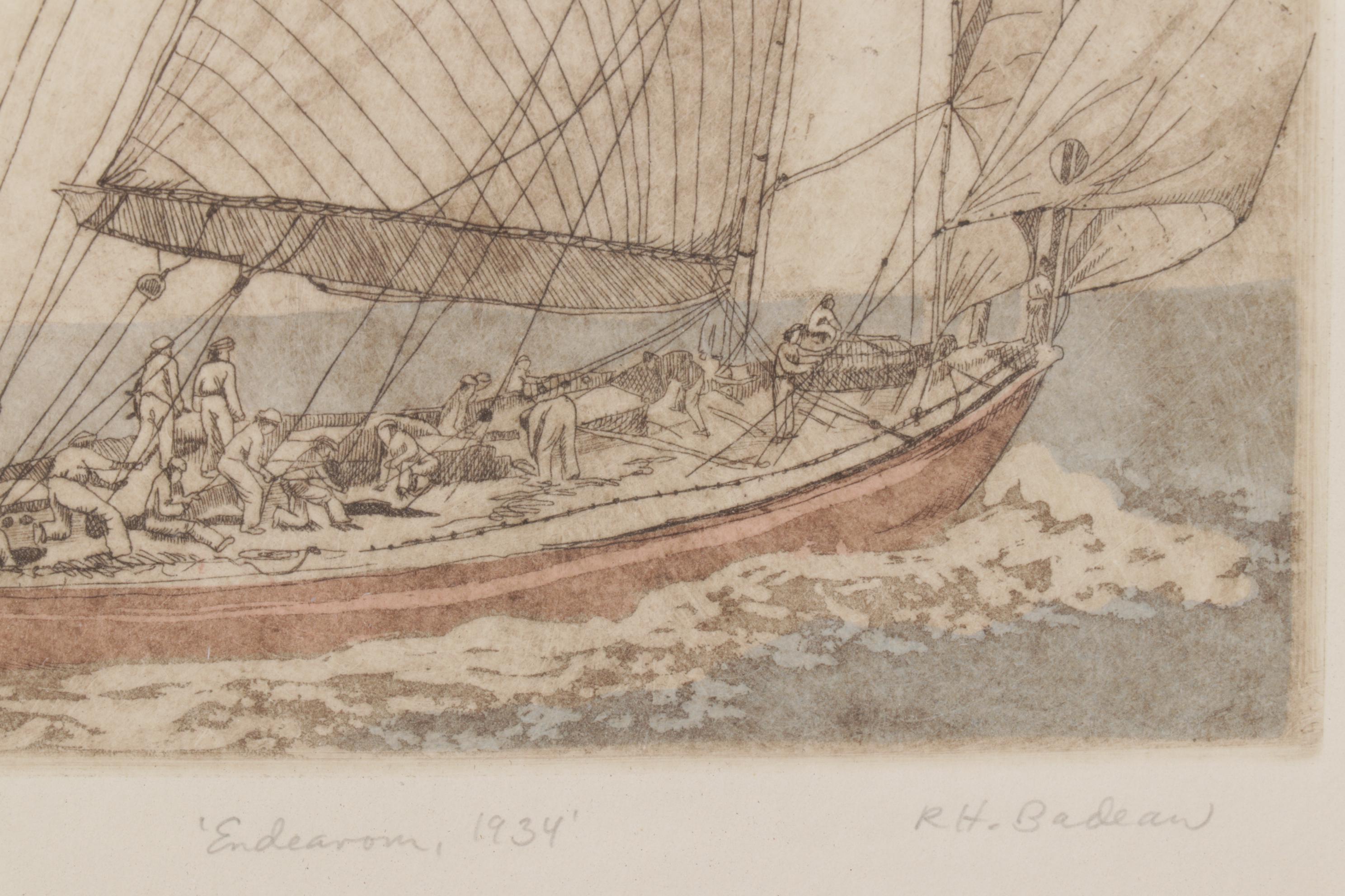R.H. Badeau "Endeavour, 1934" Hand-Colored Etching, Mid to Late 20th Century