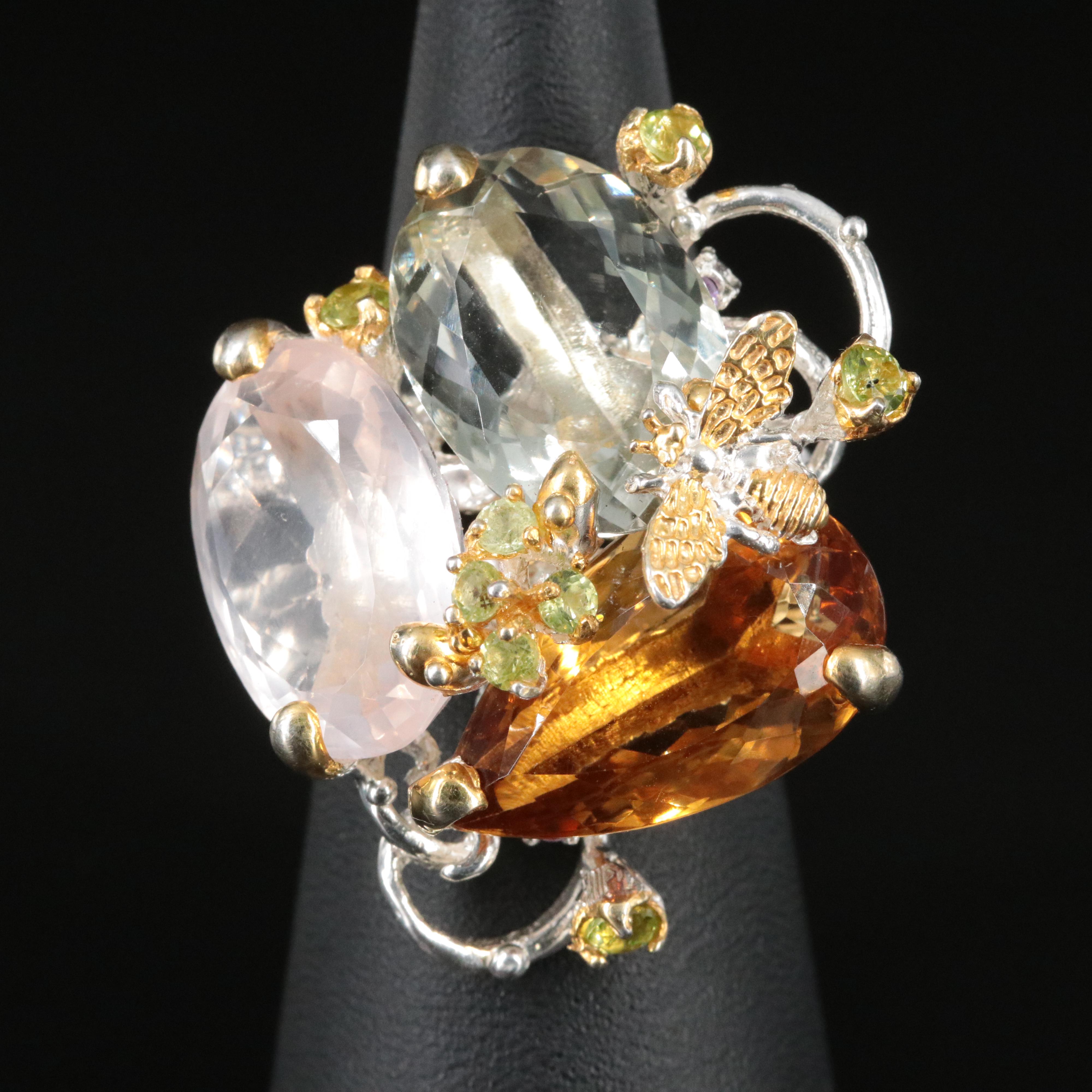 Sterling Citrine, Prasiolite and Rose Quartz Bee Ring