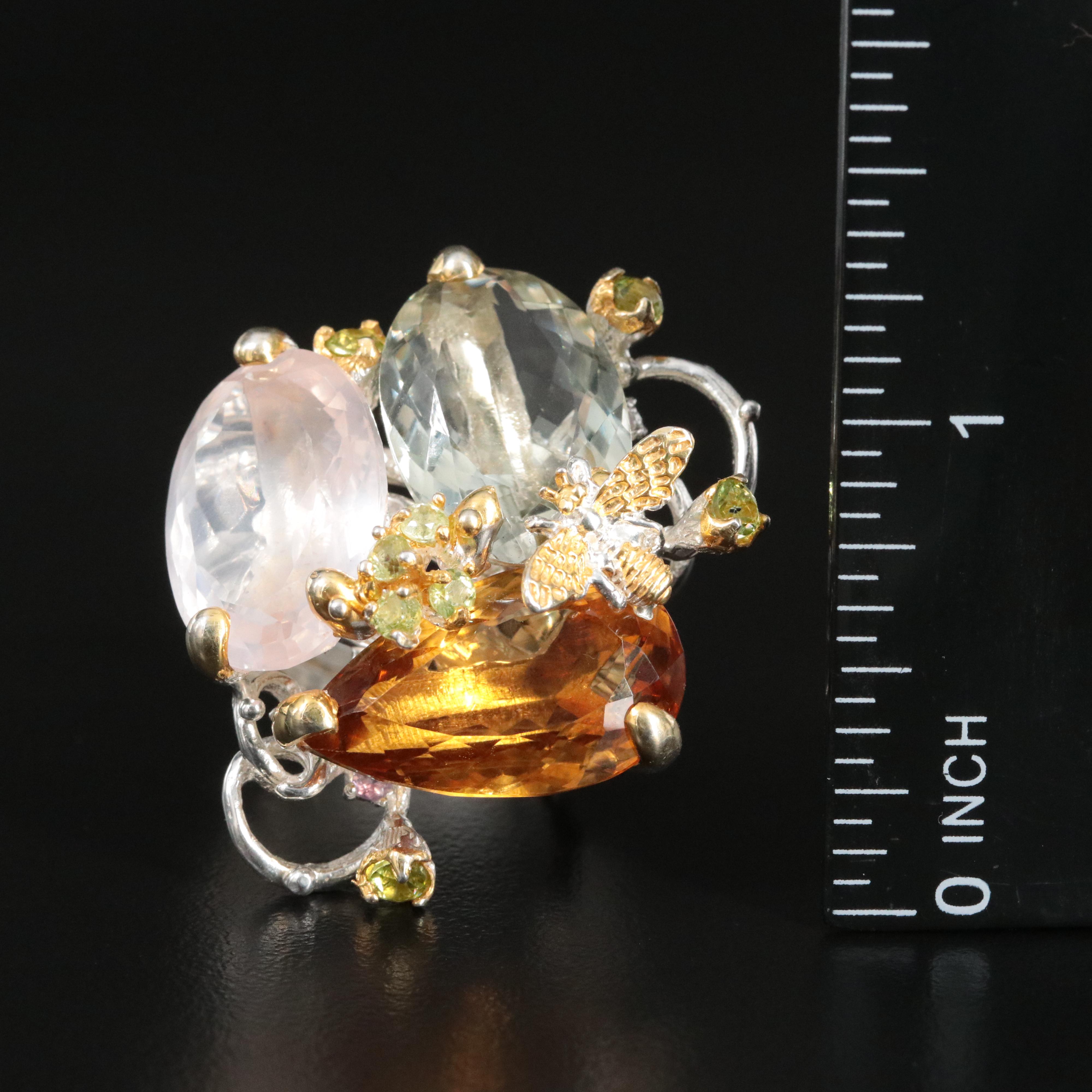 Sterling Citrine, Prasiolite and Rose Quartz Bee Ring
