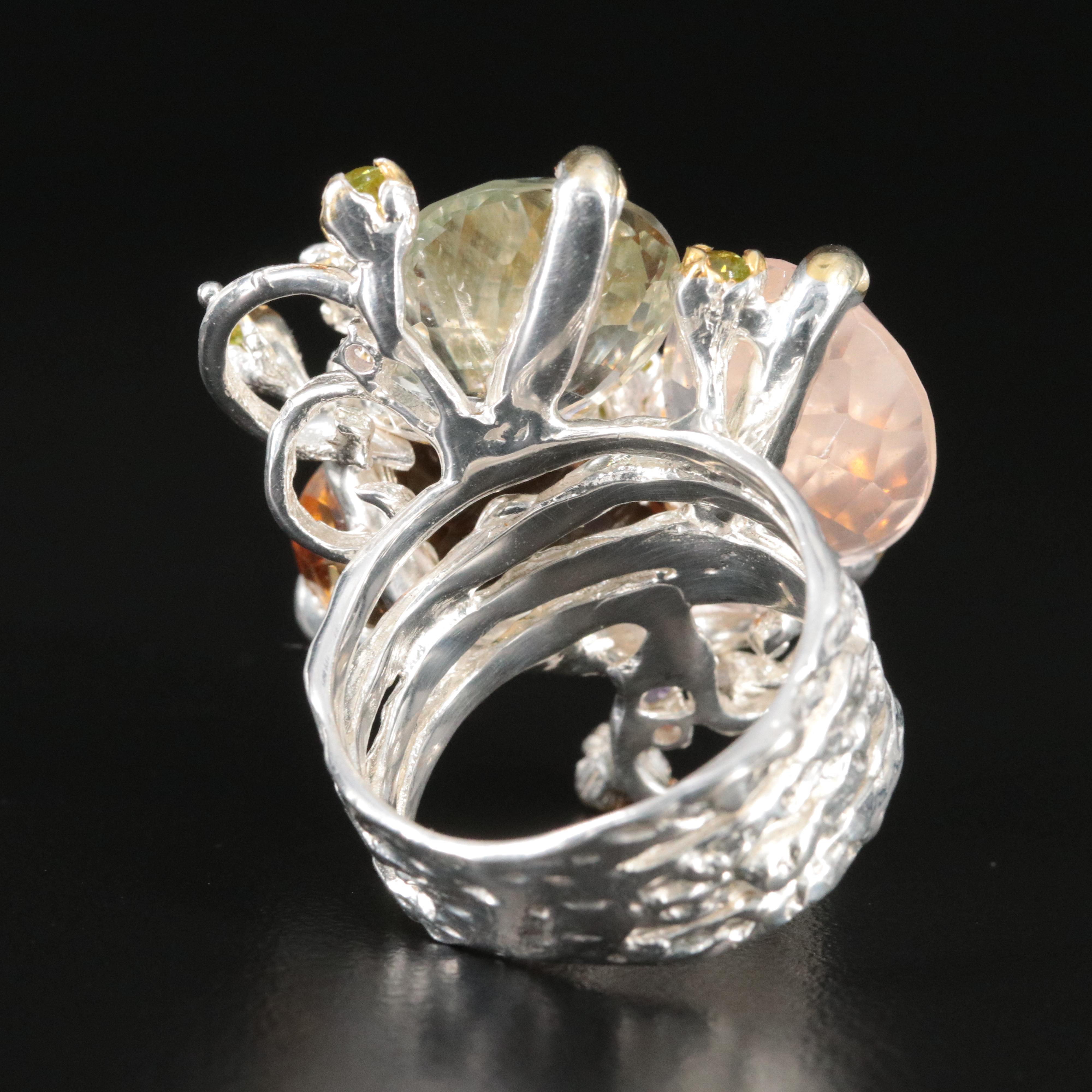 Sterling Citrine, Prasiolite and Rose Quartz Bee Ring