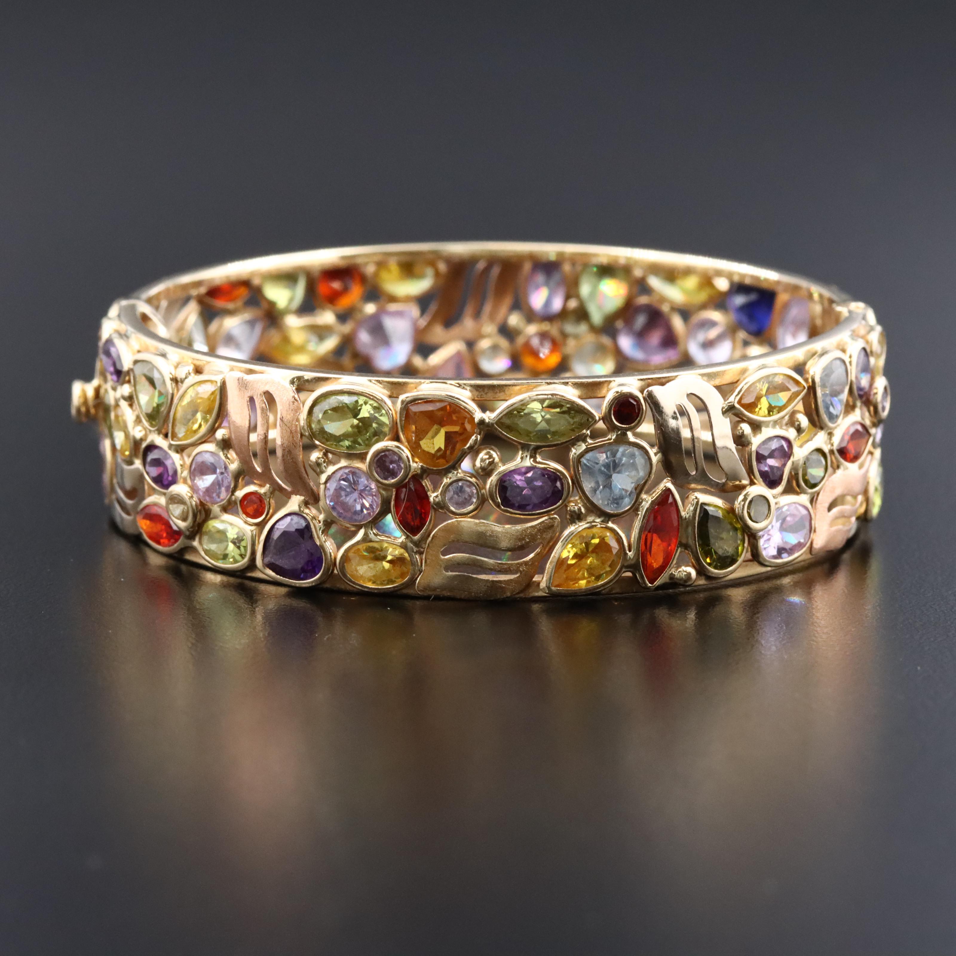 14K Tri-Color CZ and Sapphire Hinged Bangle Bracelet