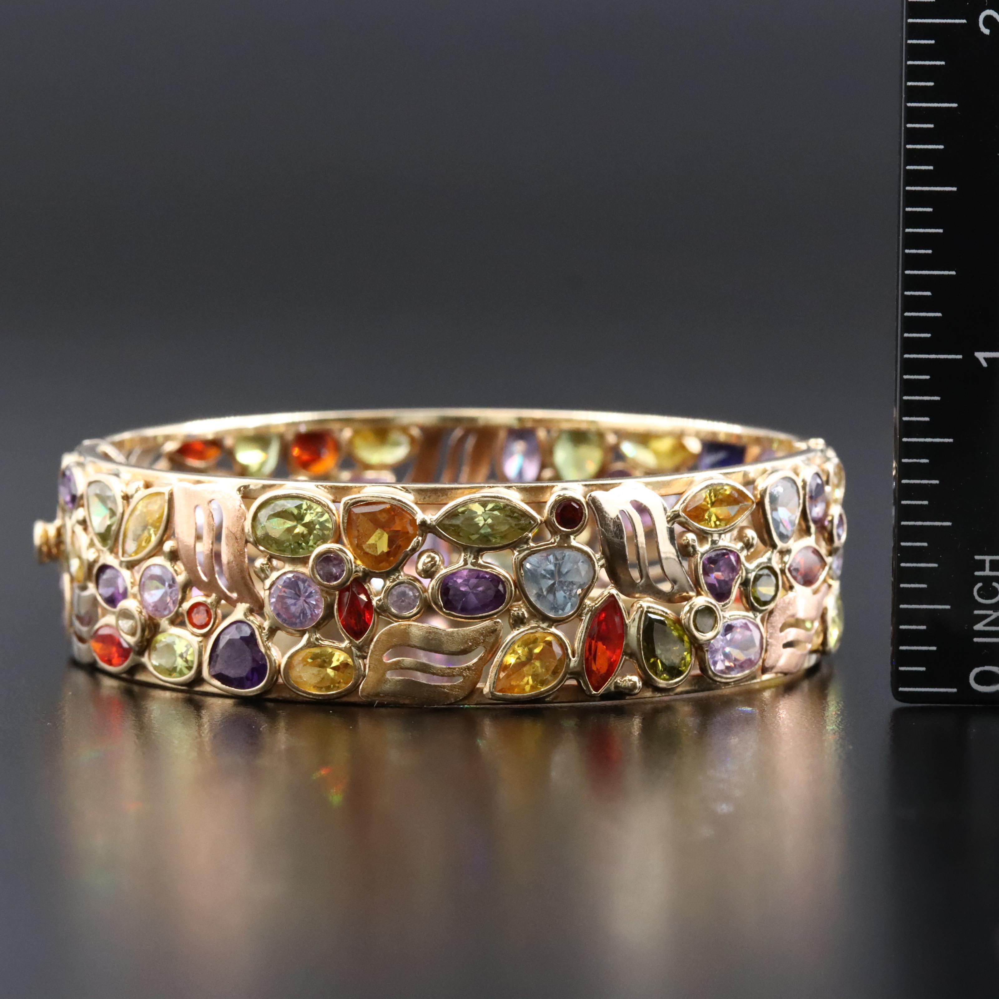 14K Tri-Color CZ and Sapphire Hinged Bangle Bracelet
