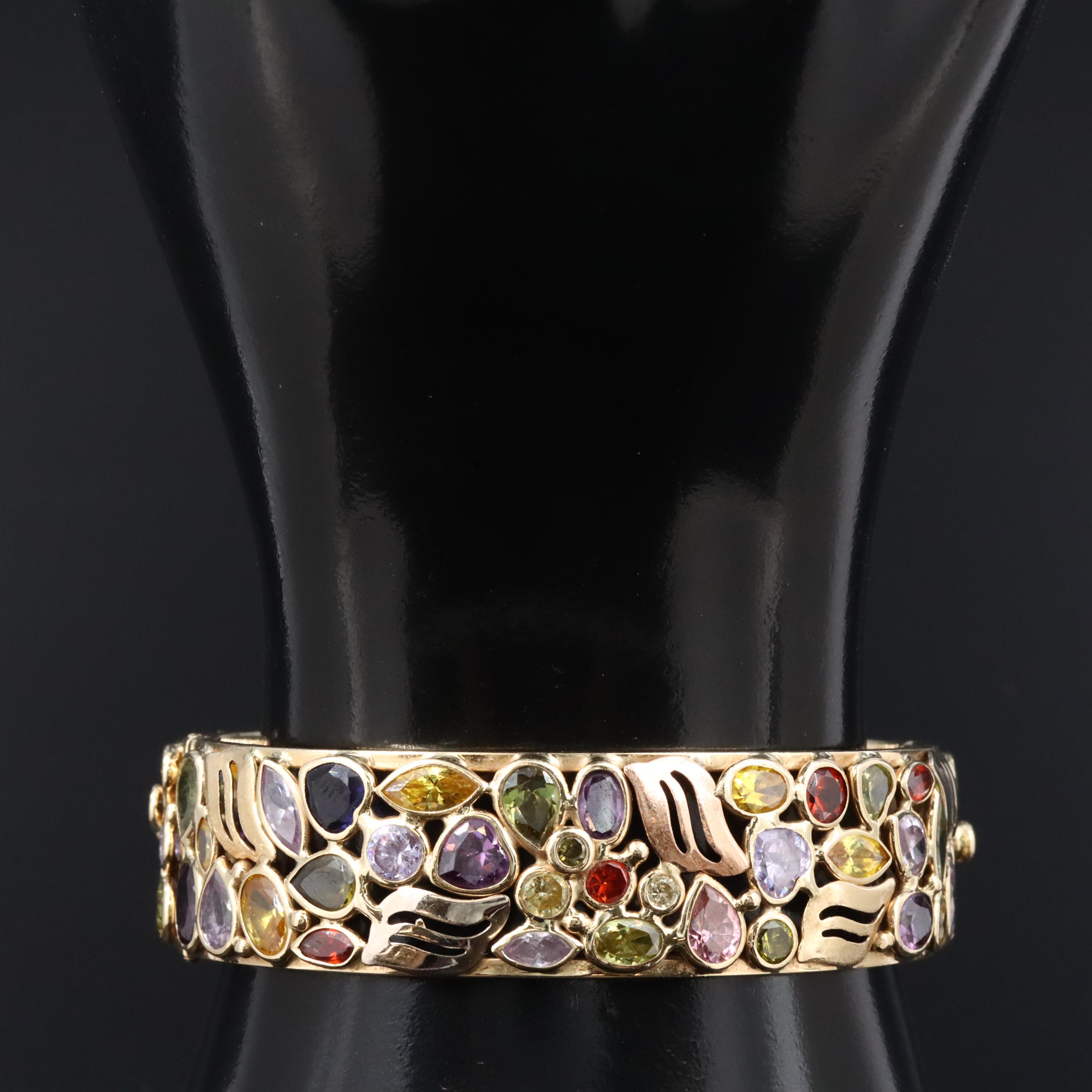14K Tri-Color CZ and Sapphire Hinged Bangle Bracelet