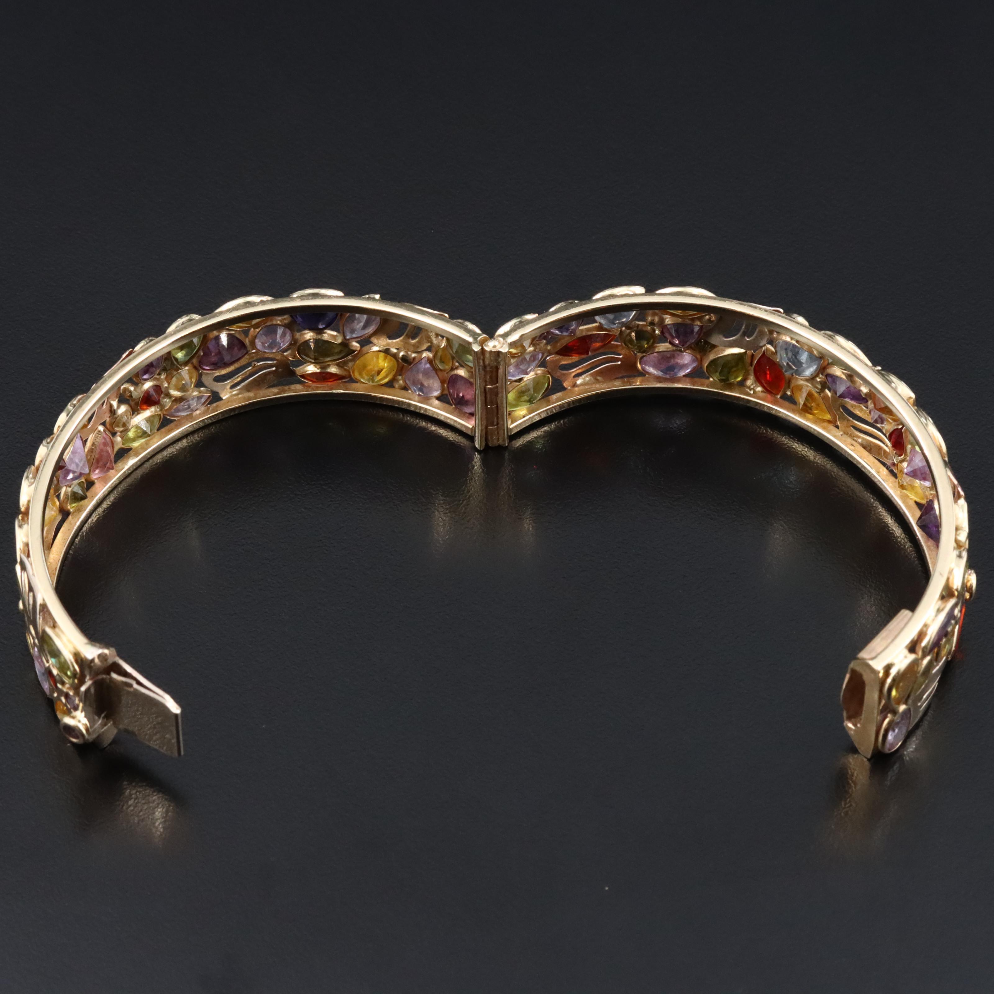 14K Tri-Color CZ and Sapphire Hinged Bangle Bracelet