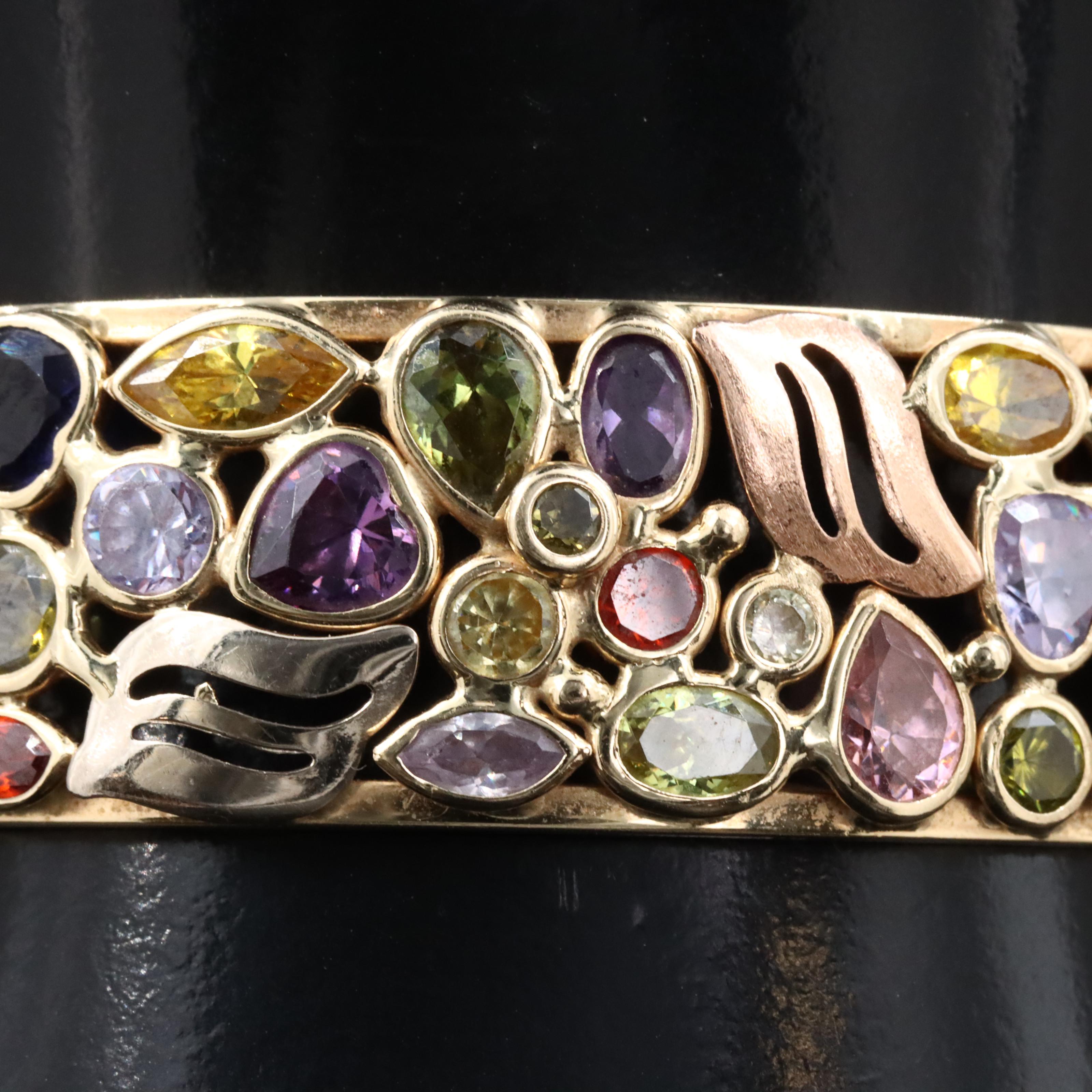 14K Tri-Color CZ and Sapphire Hinged Bangle Bracelet