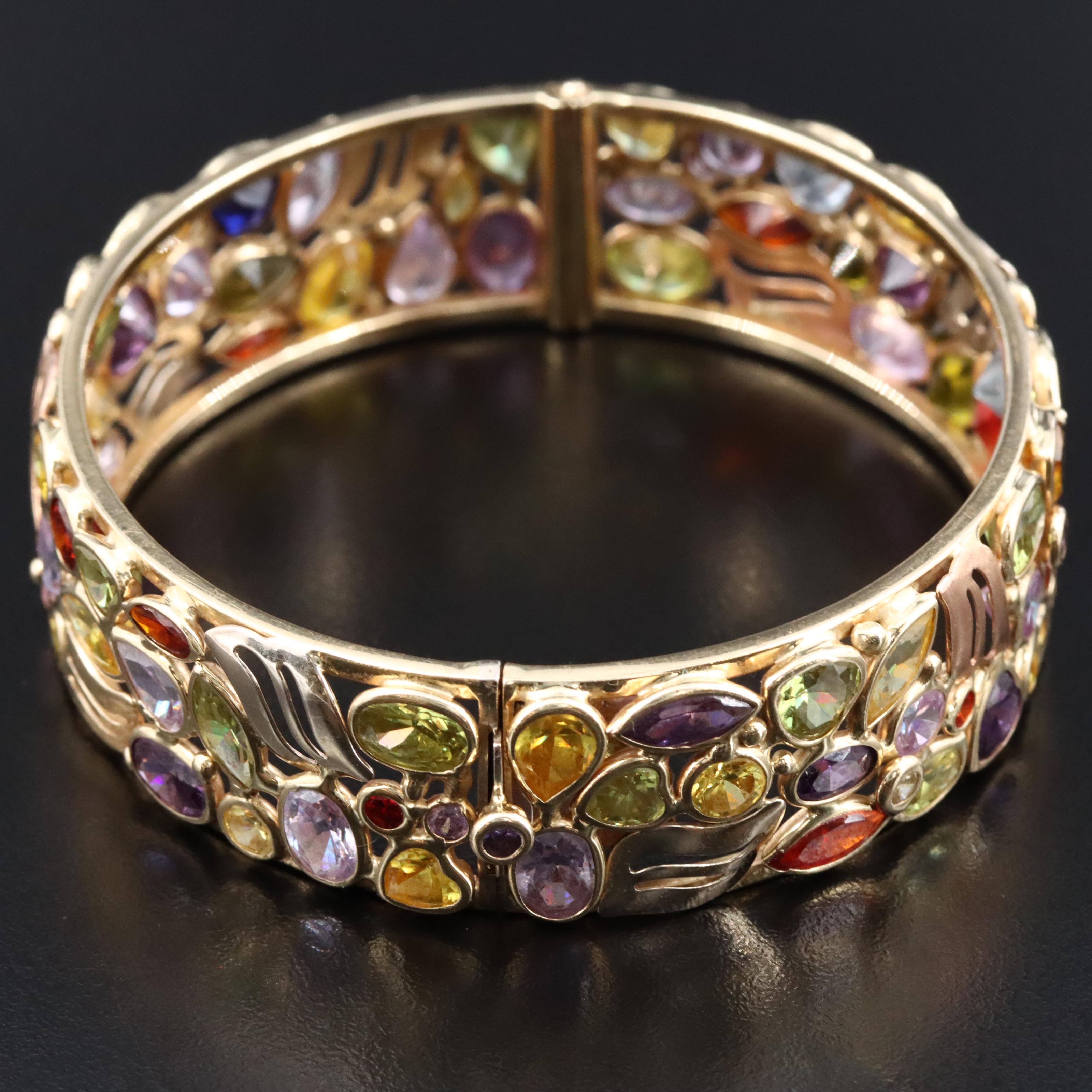 14K Tri-Color CZ and Sapphire Hinged Bangle Bracelet