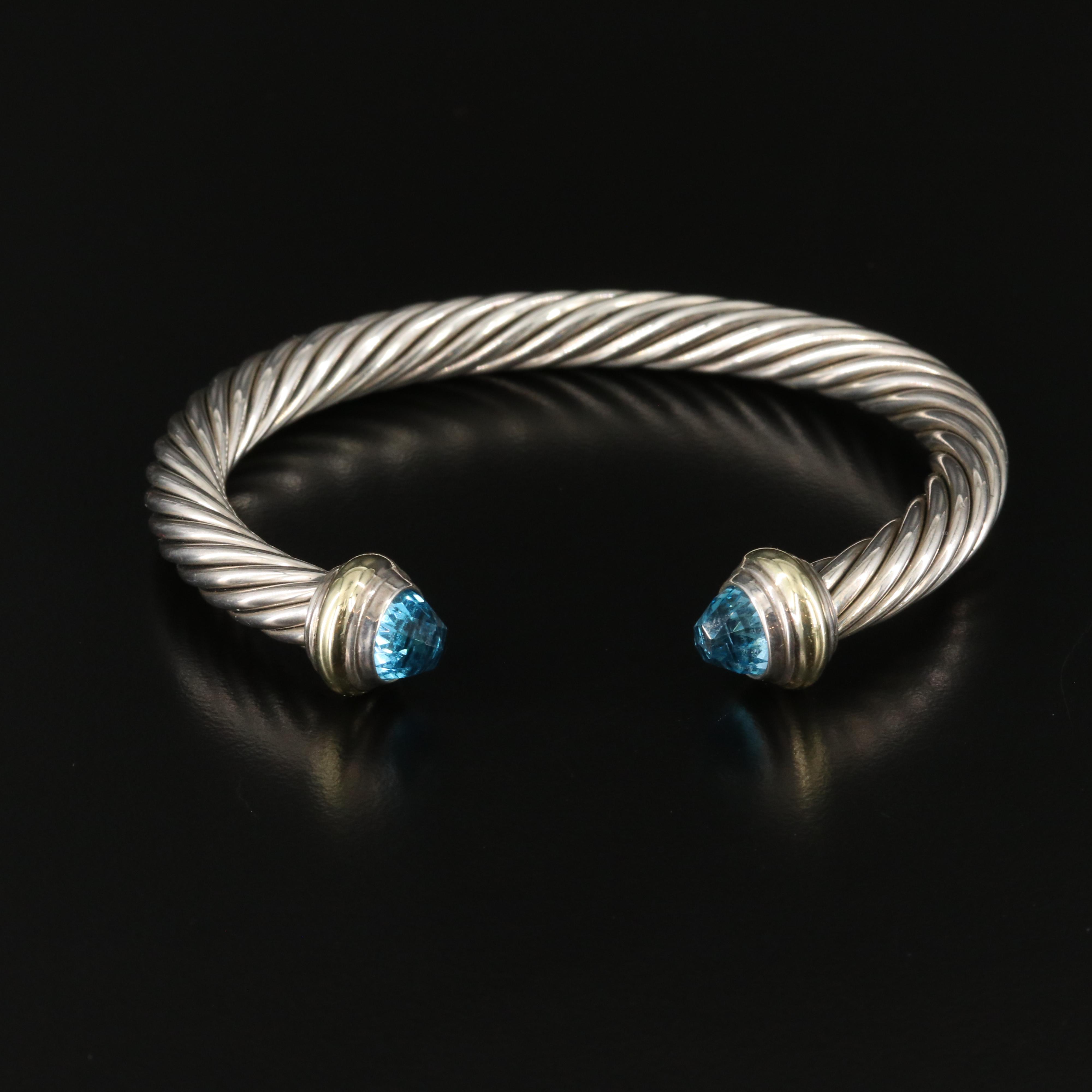 David Yurman Sterling and Blue Topaz Cable Cuff Bracelet with 14K Accents